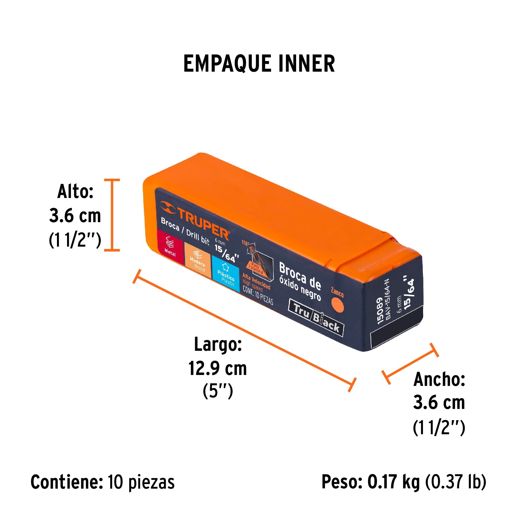 Broca HSS 15/64" Trublack para metal, TRUPER - Empaque