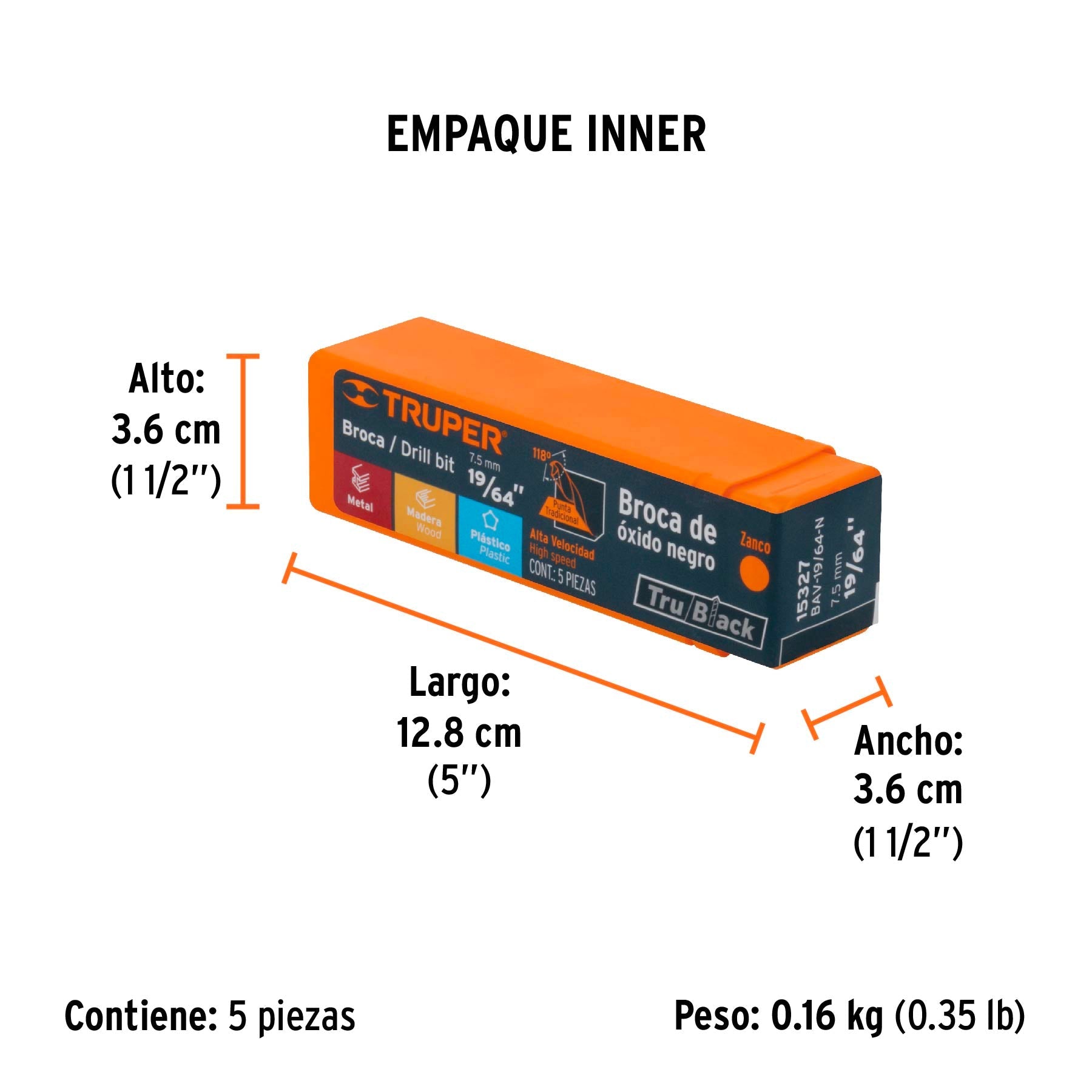 Broca HSS 19/64" Trublack para metal, TRUPER - Empaque