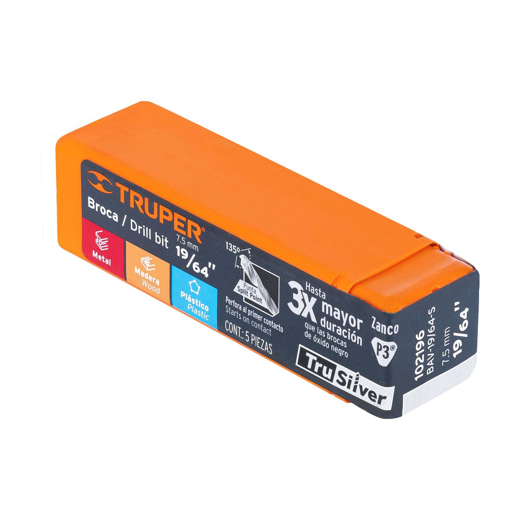 Broca HSS 19/64" Trusilver para metal, TRUPER
