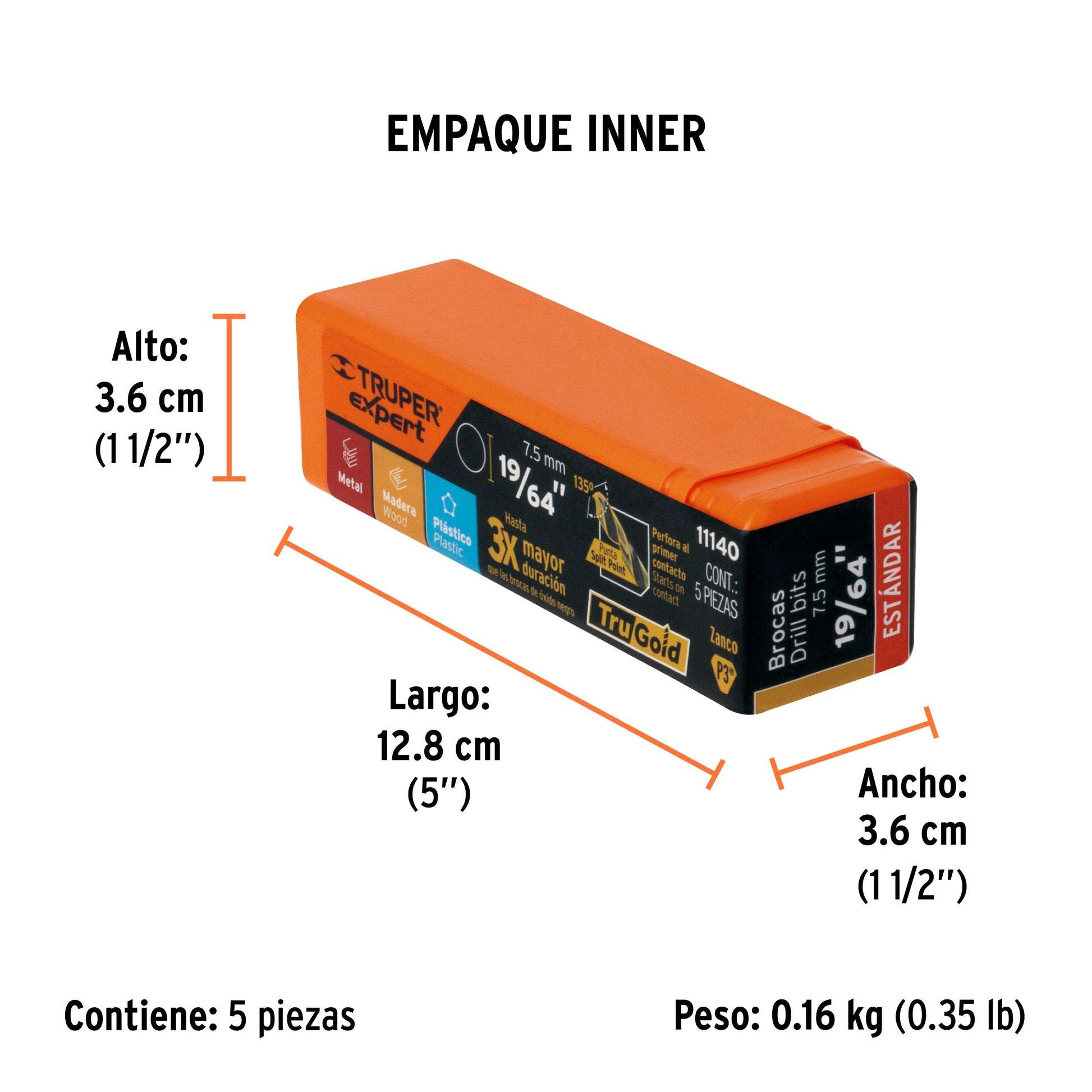 Broca HSS 19/64" Trugold para metal, TRUPER EXPERT - Empaque