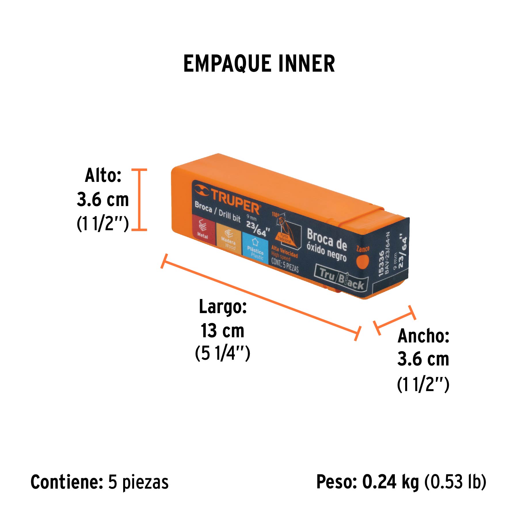 Broca HSS 23/64" Trublack para metal, TRUPER - Empaque