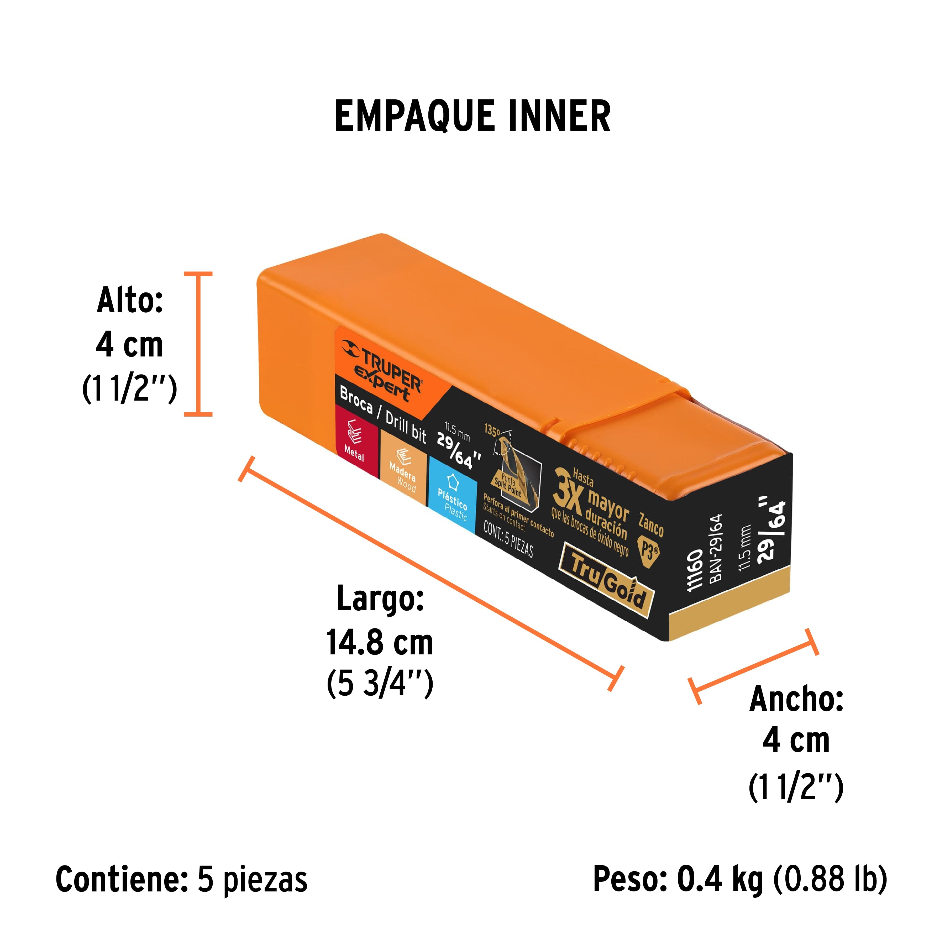 Broca HSS 29/64" Trugold para metal, TRUPER EXPERT - Empaque
