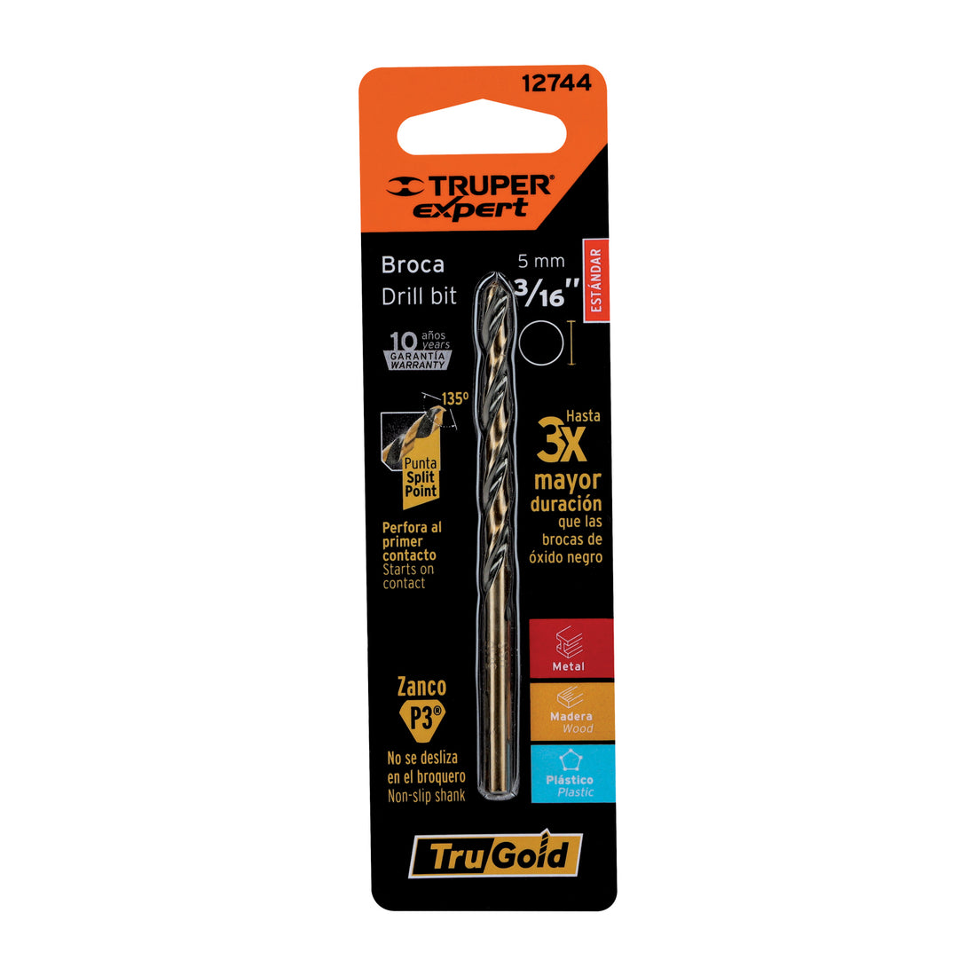 Broca HSS 3/16" Trugold para metal en blíster, EXPERT