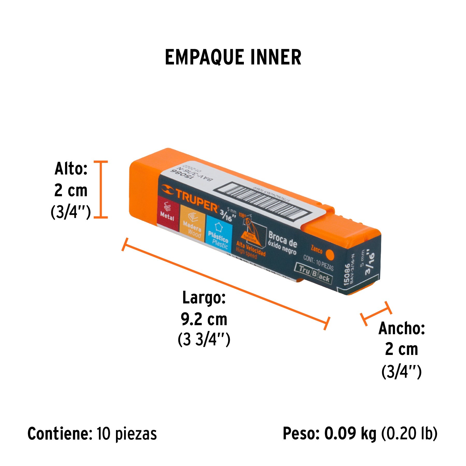 Broca HSS 3/16" Trublack para metal, TRUPER - Empaque