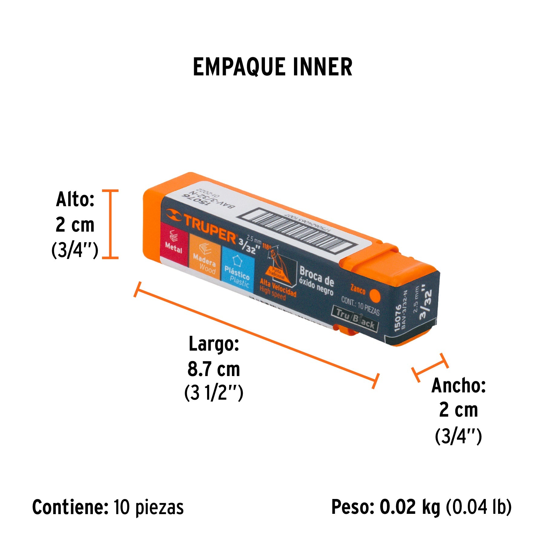 Broca HSS 3/32" Trublack para metal, TRUPER - Empaque