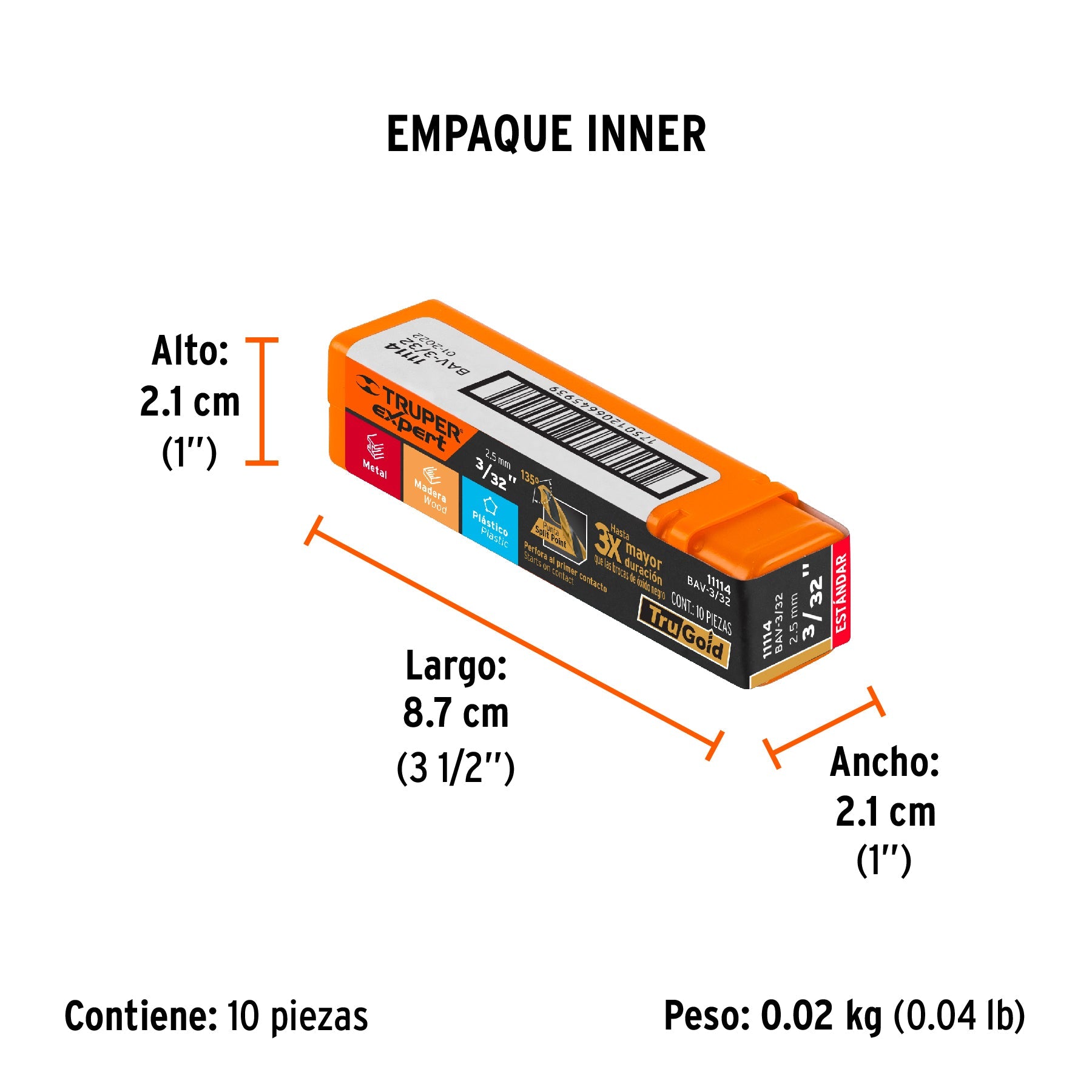 Broca HSS 3/32" Trugold para metal, TRUPER EXPERT - Empaque