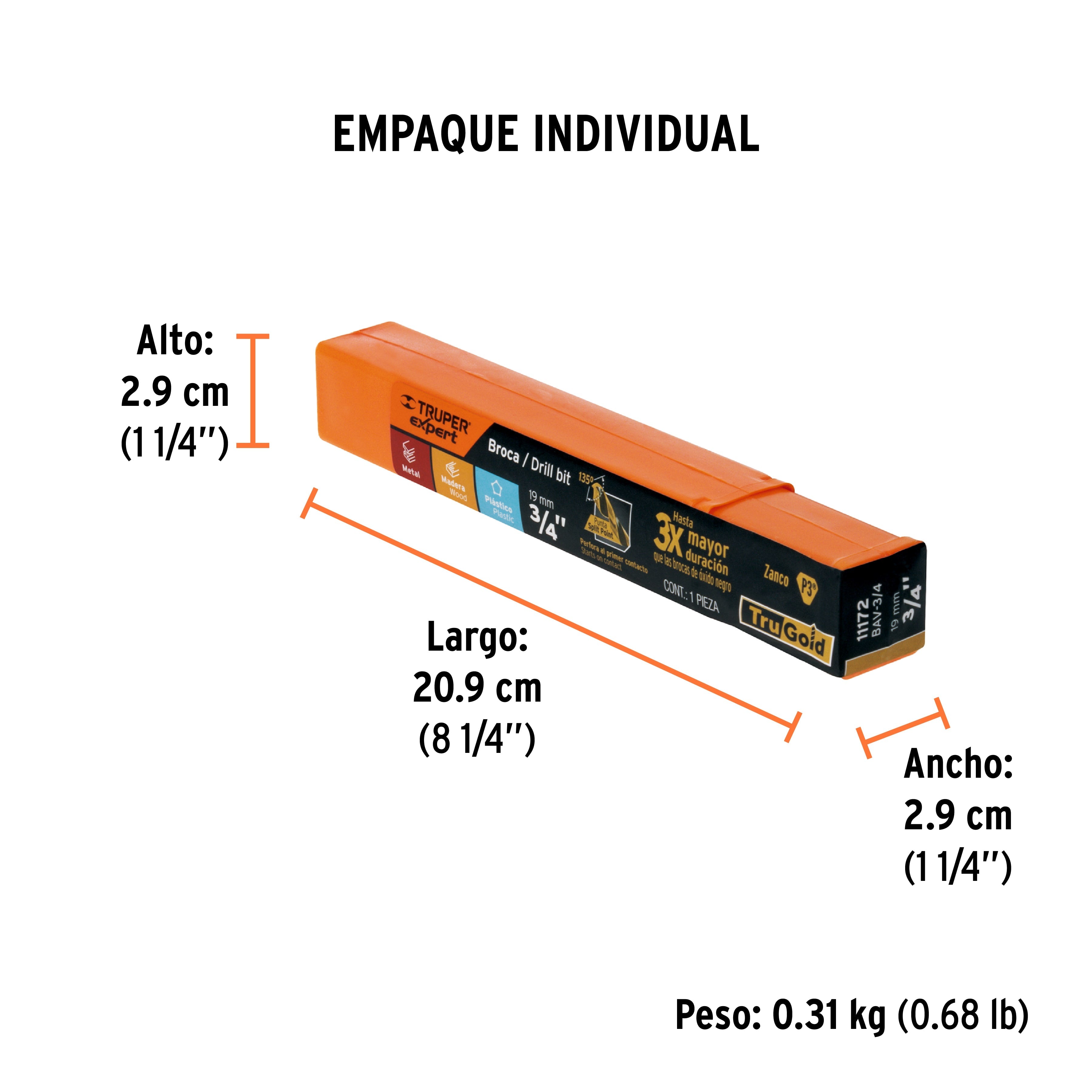 Broca HSS 3/4" Trugold para metal, TRUPER EXPERT - Empaque
