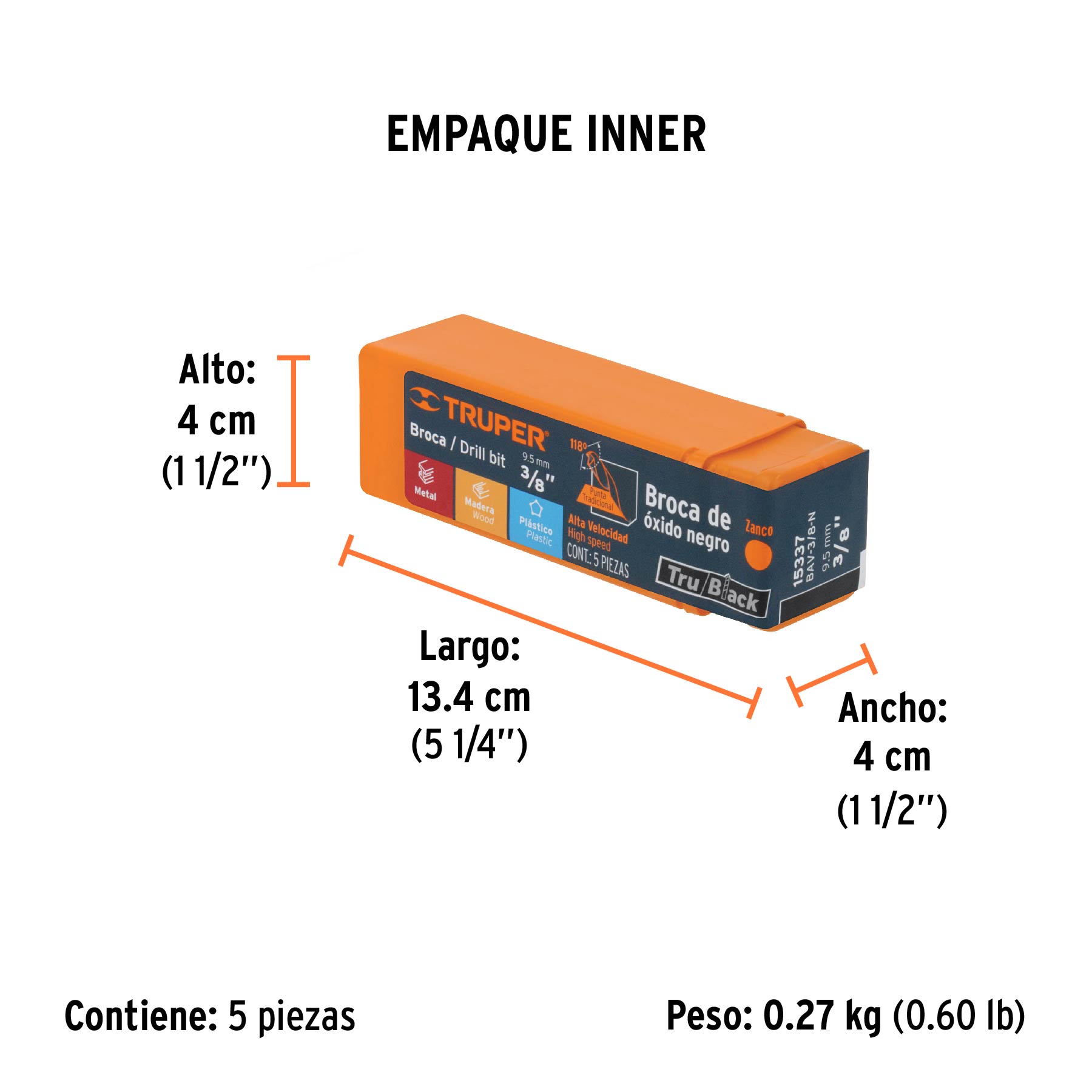 Broca HSS 3/8" Trublack para metal, TRUPER - Empaque