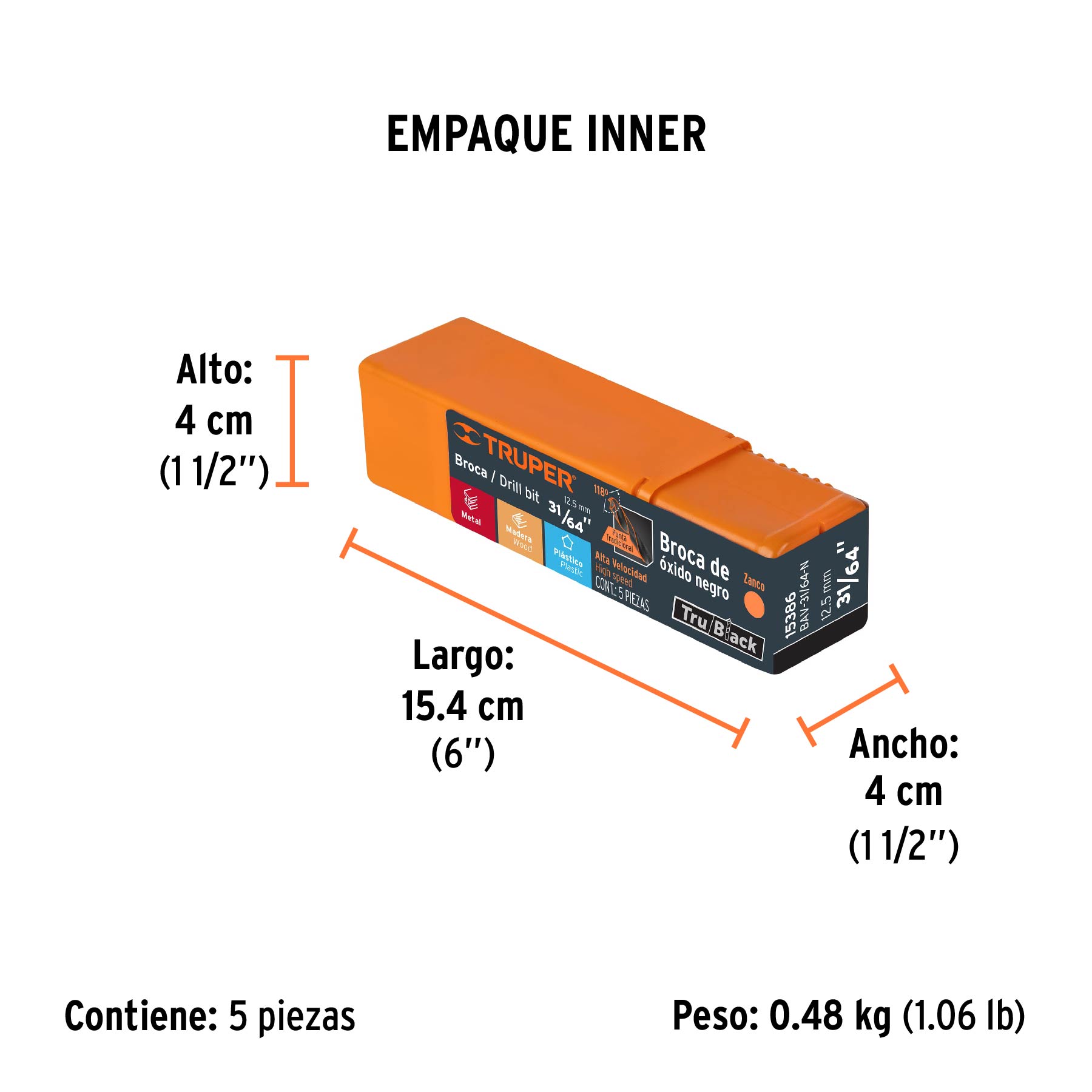 Broca HSS 31/64" Trublack para metal, TRUPER - Empaque