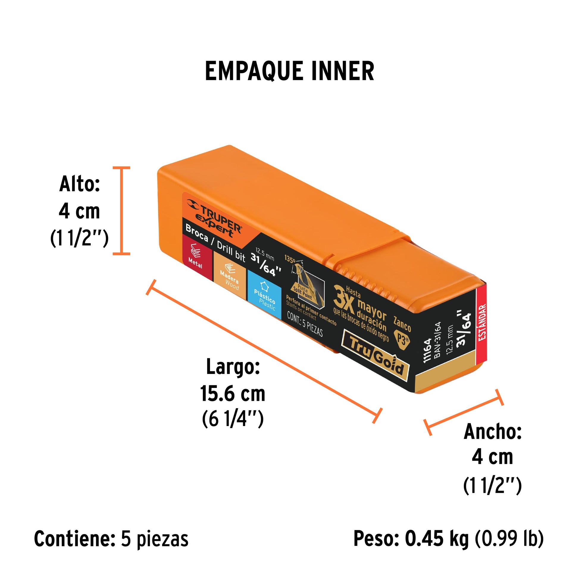 Broca HSS 31/64" Trugold para metal, TRUPER EXPERT - Empaque