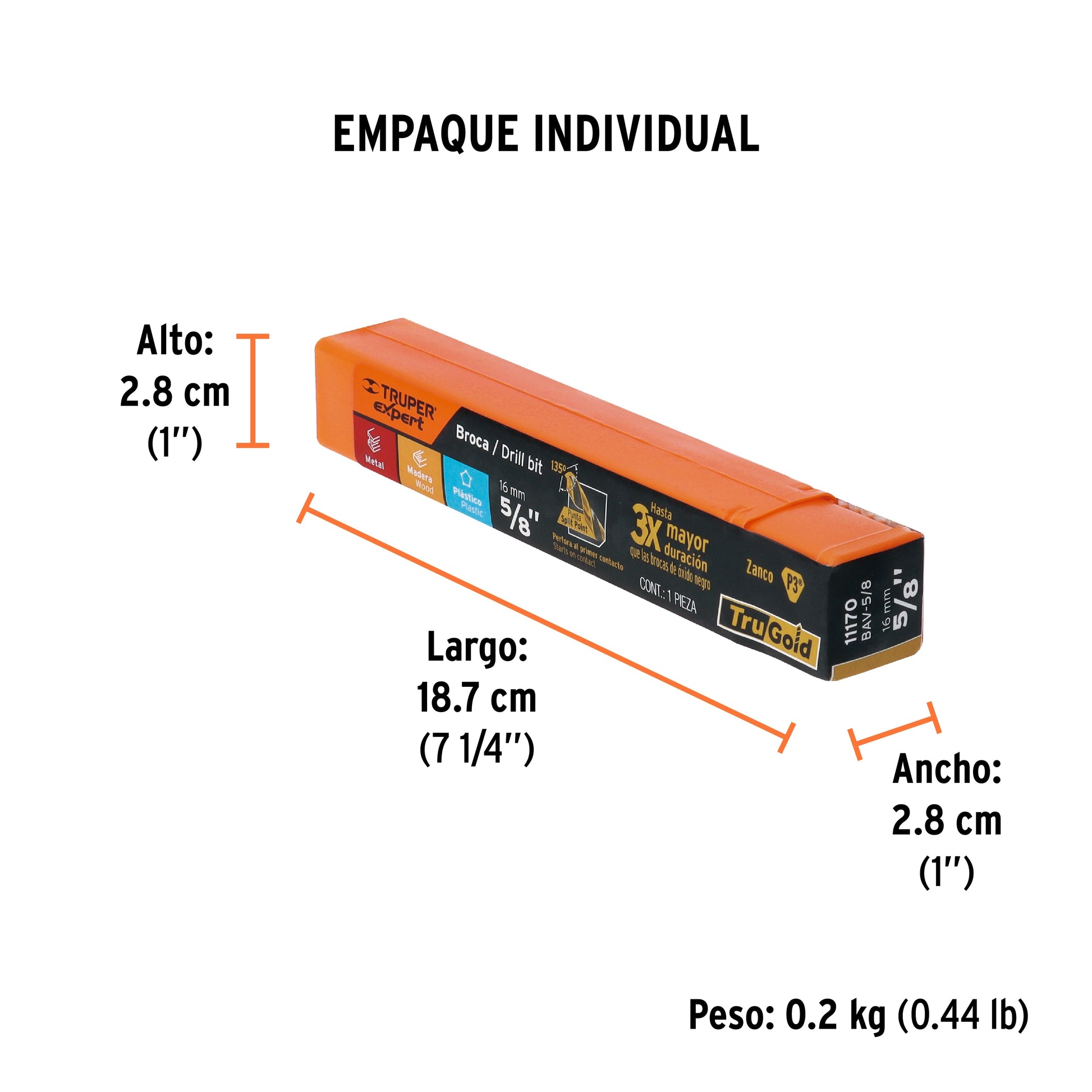 Broca HSS 5/8" Trugold para metal, TRUPER EXPERT - Empaque