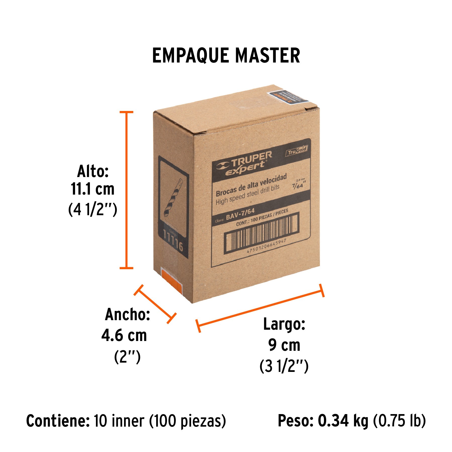 Broca HSS 7/64" Trugold para metal, TRUPER EXPERT - Empaque