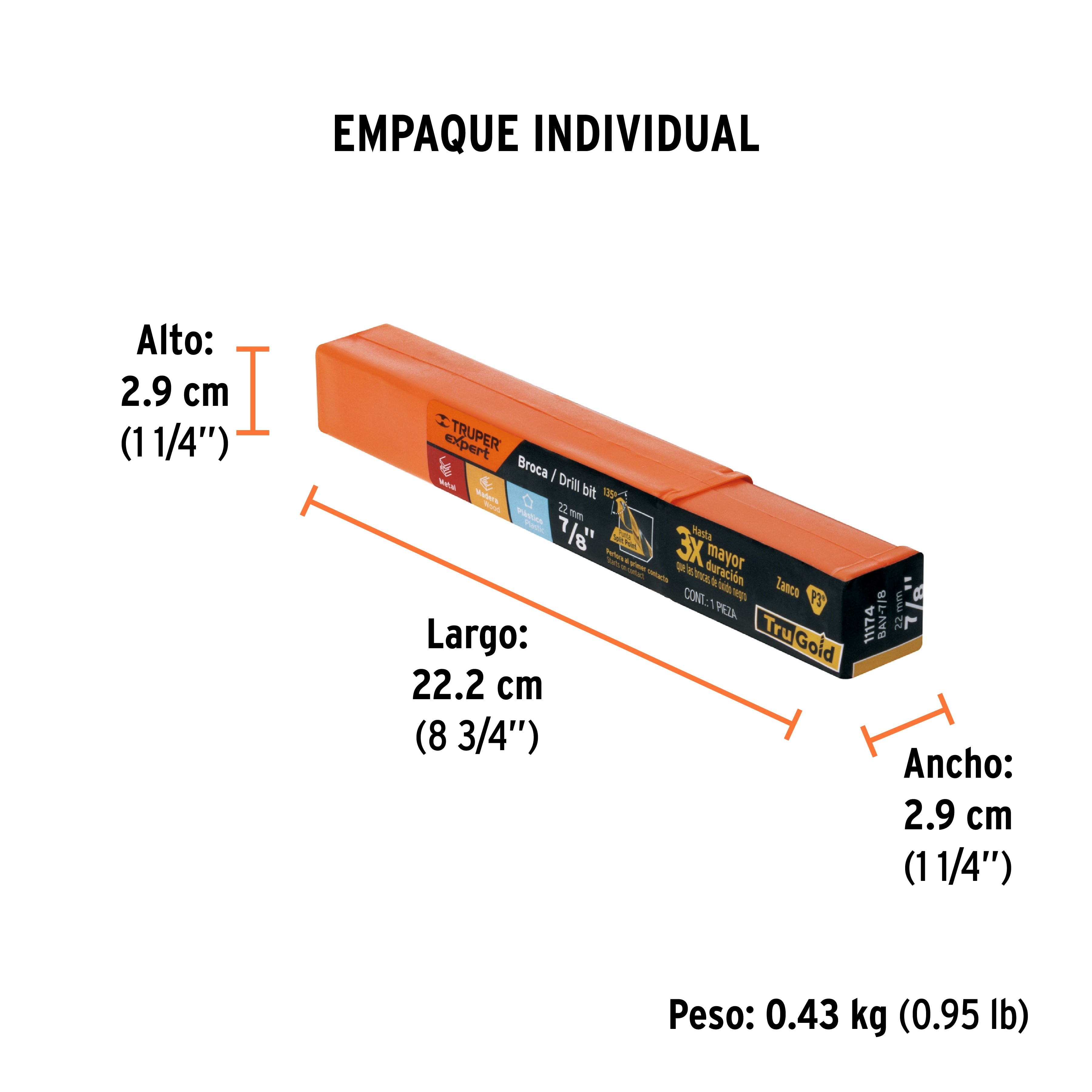 Broca HSS 7/8" Trugold para metal, TRUPER EXPERT - Empaque