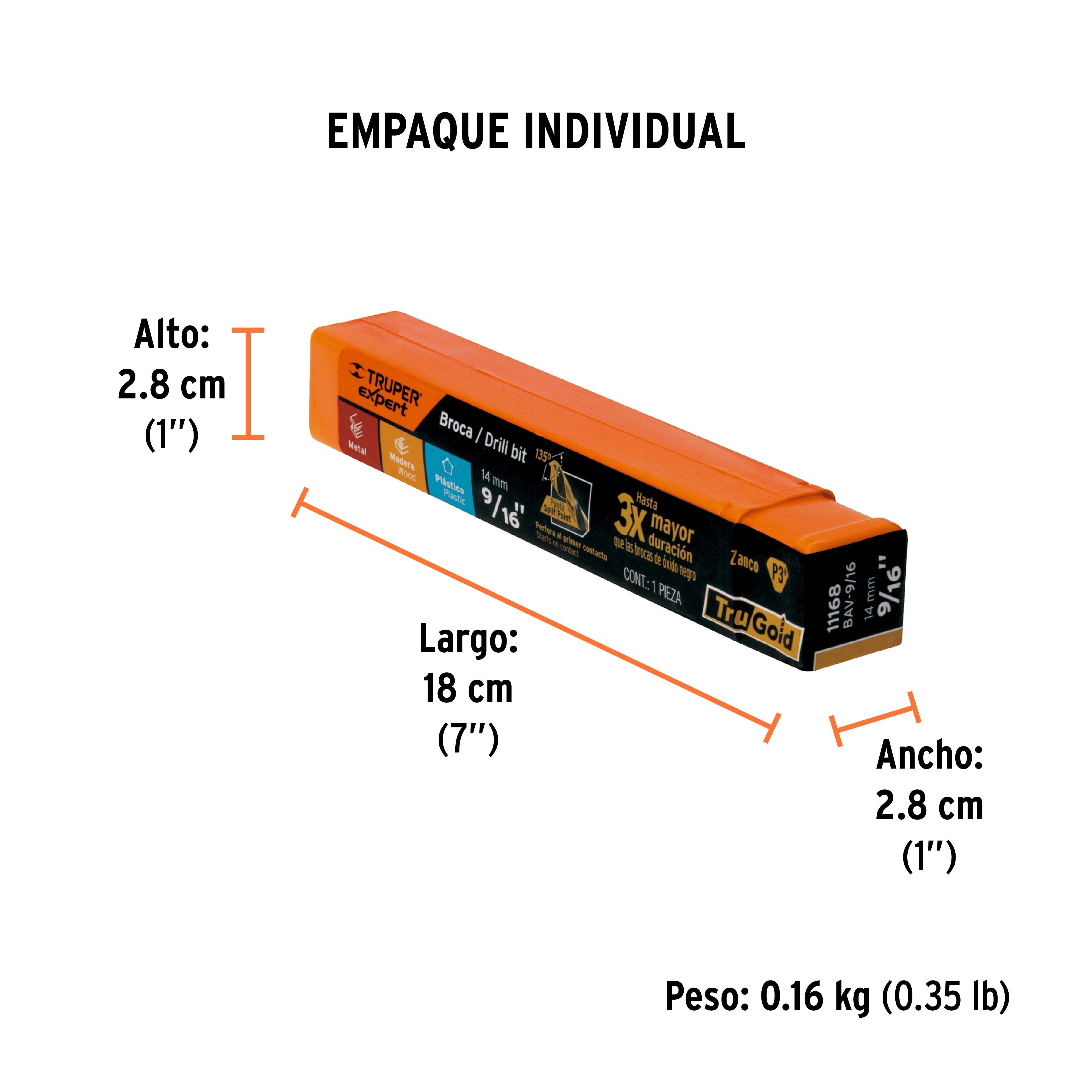Broca HSS 9/16" Trugold para metal, TRUPER EXPERT - Empaque