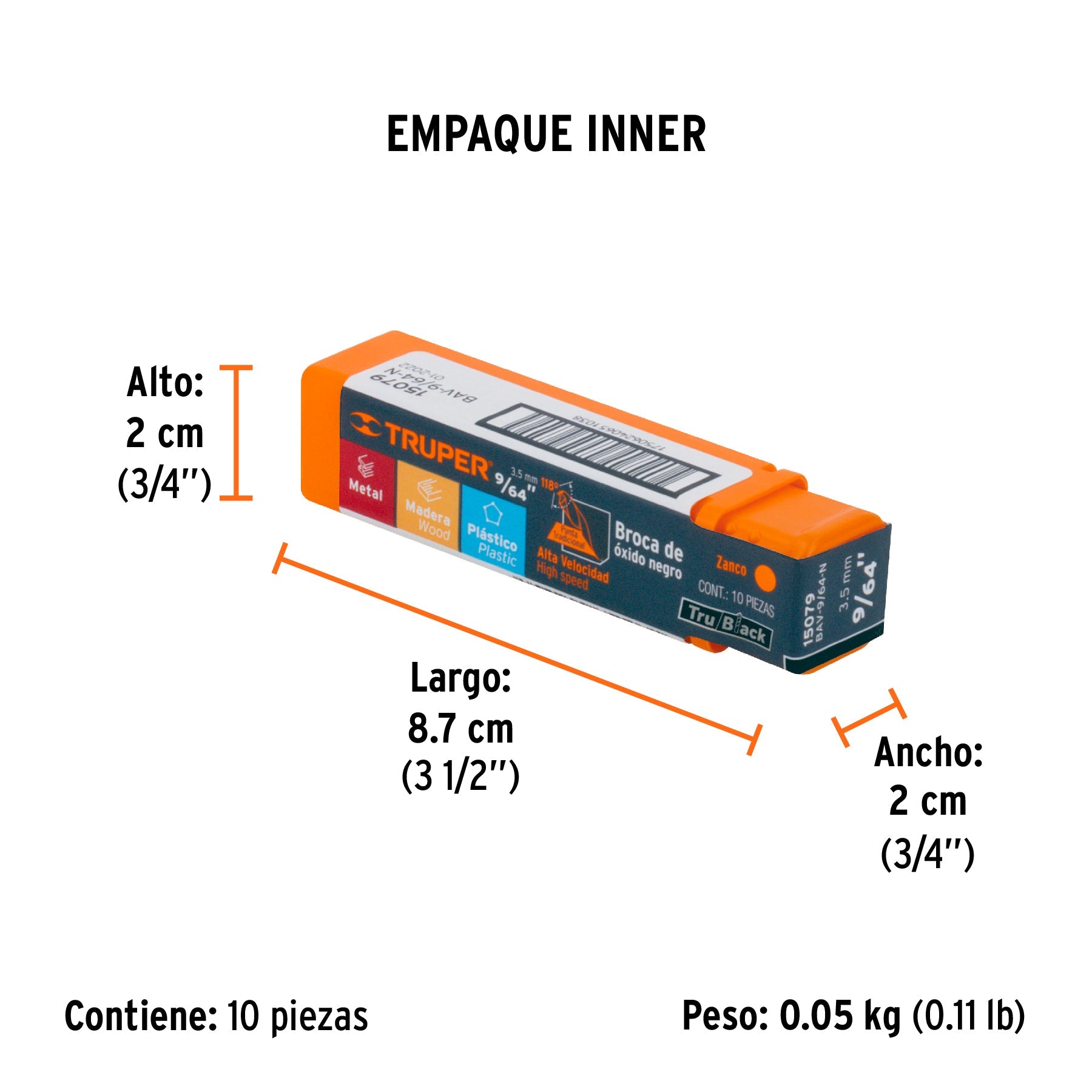 Broca HSS 9/64" Trublack para metal, TRUPER - Empaque