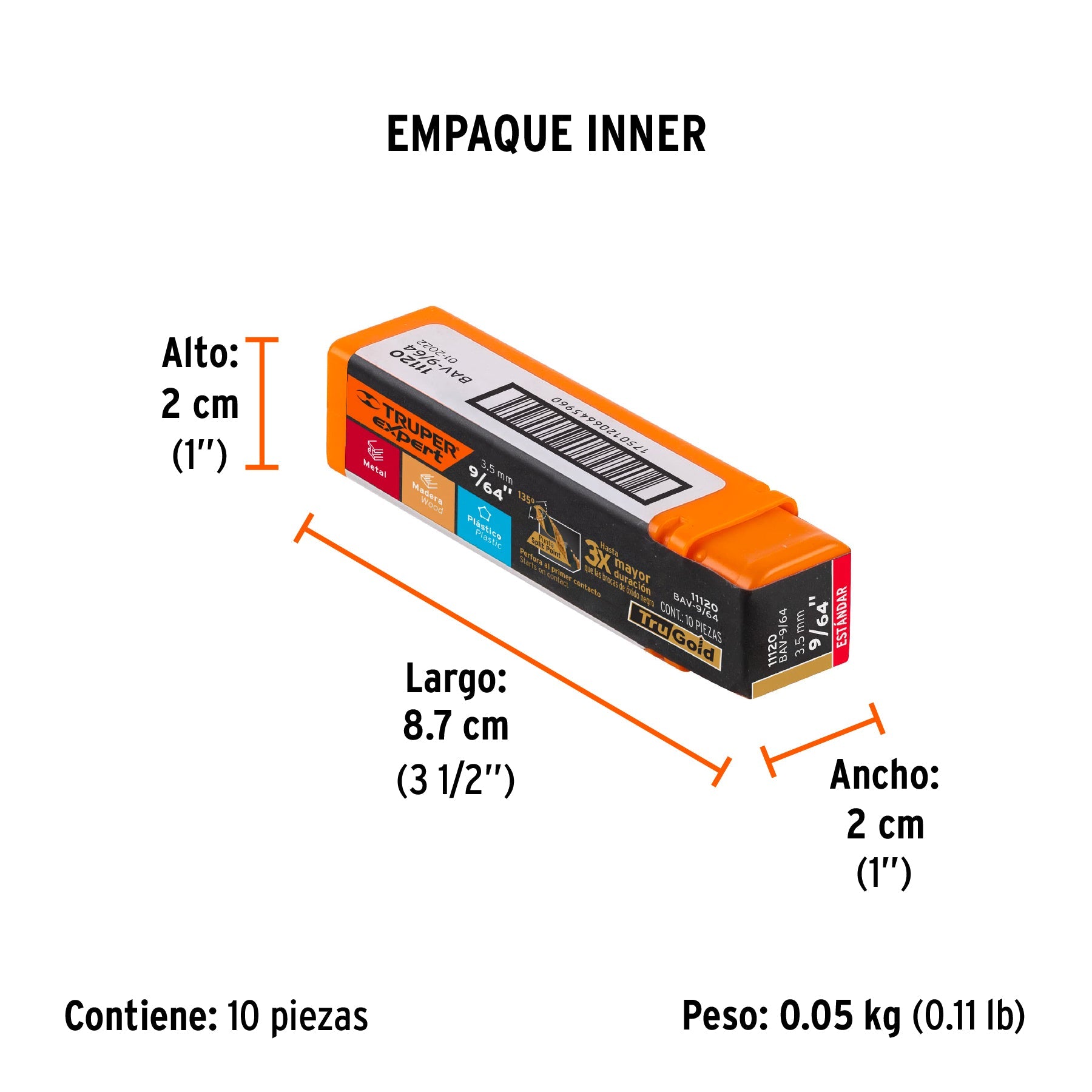 Broca HSS 9/64" Trugold para metal, TRUPER EXPERT - Empaque