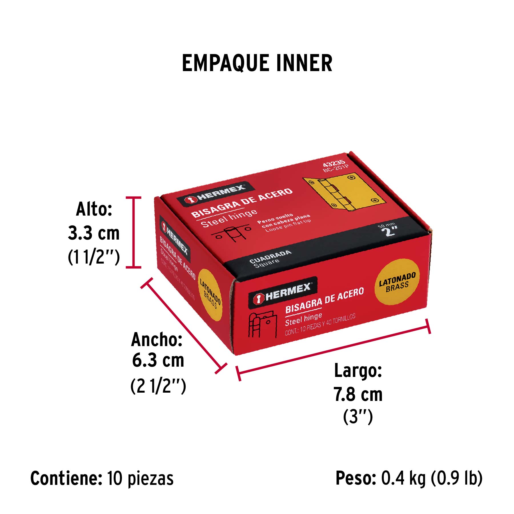 Bisagra cuadrada 2", latonado, cabeza plana, HERMEX - Empaque
