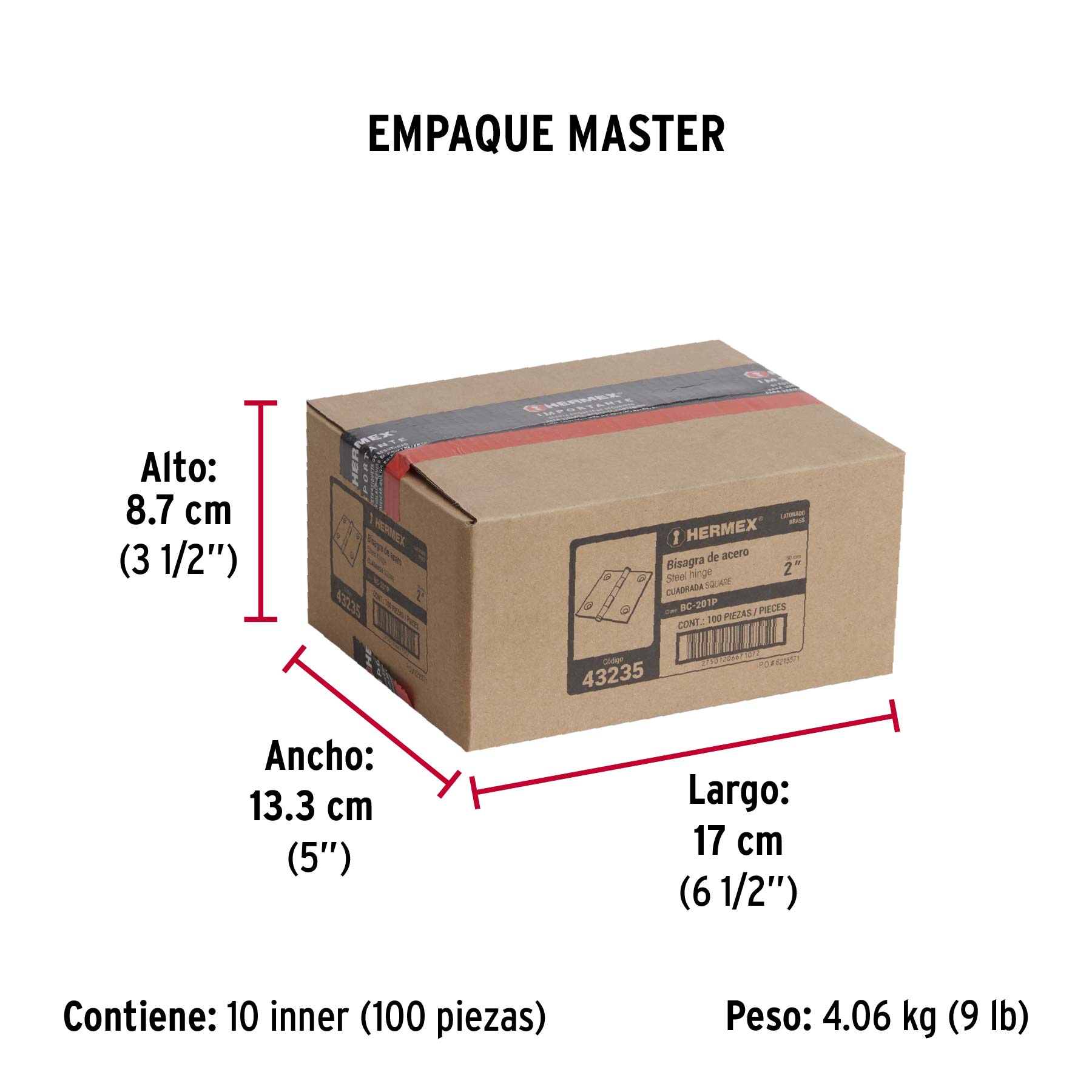 Bisagra cuadrada 2", latonado, cabeza plana, HERMEX - Empaque