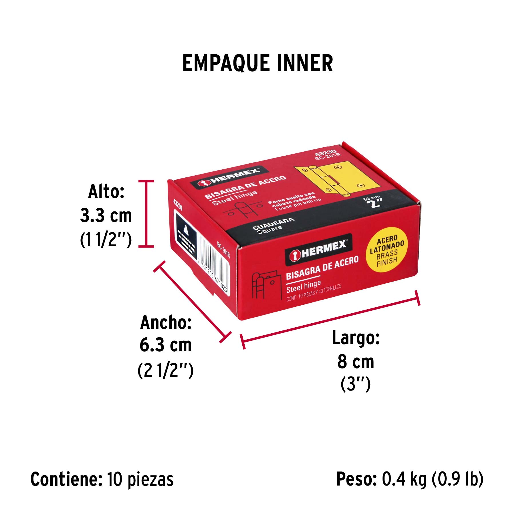 Bisagra cuadrada 2", latonado, cabeza redonda, HERMEX - Empaque
