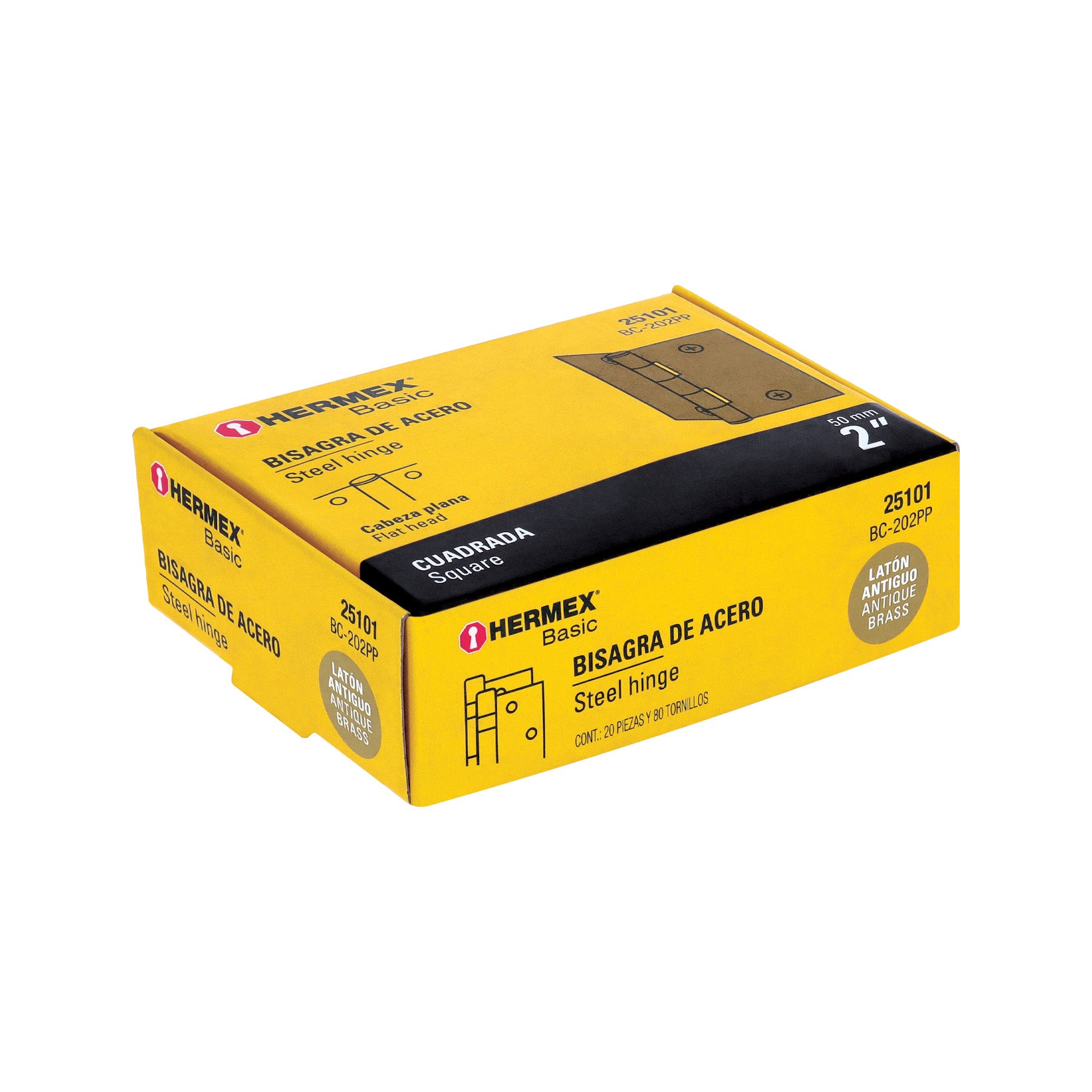 Bisagra cuadrada 2", latón antiguo, cabeza plana, BASIC