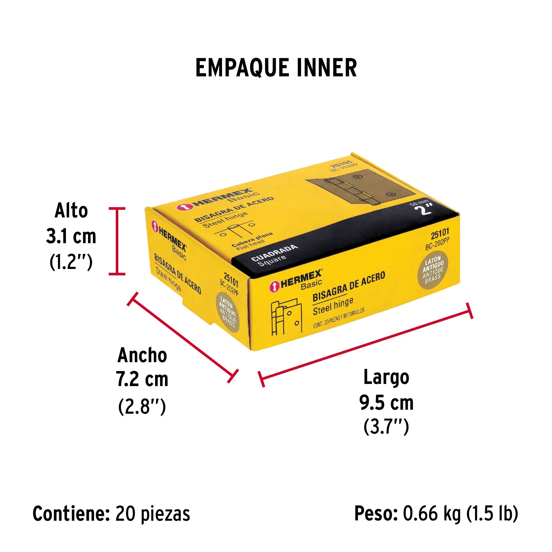 Bisagra cuadrada 2", latón antiguo, cabeza plana, BASIC - Empaque