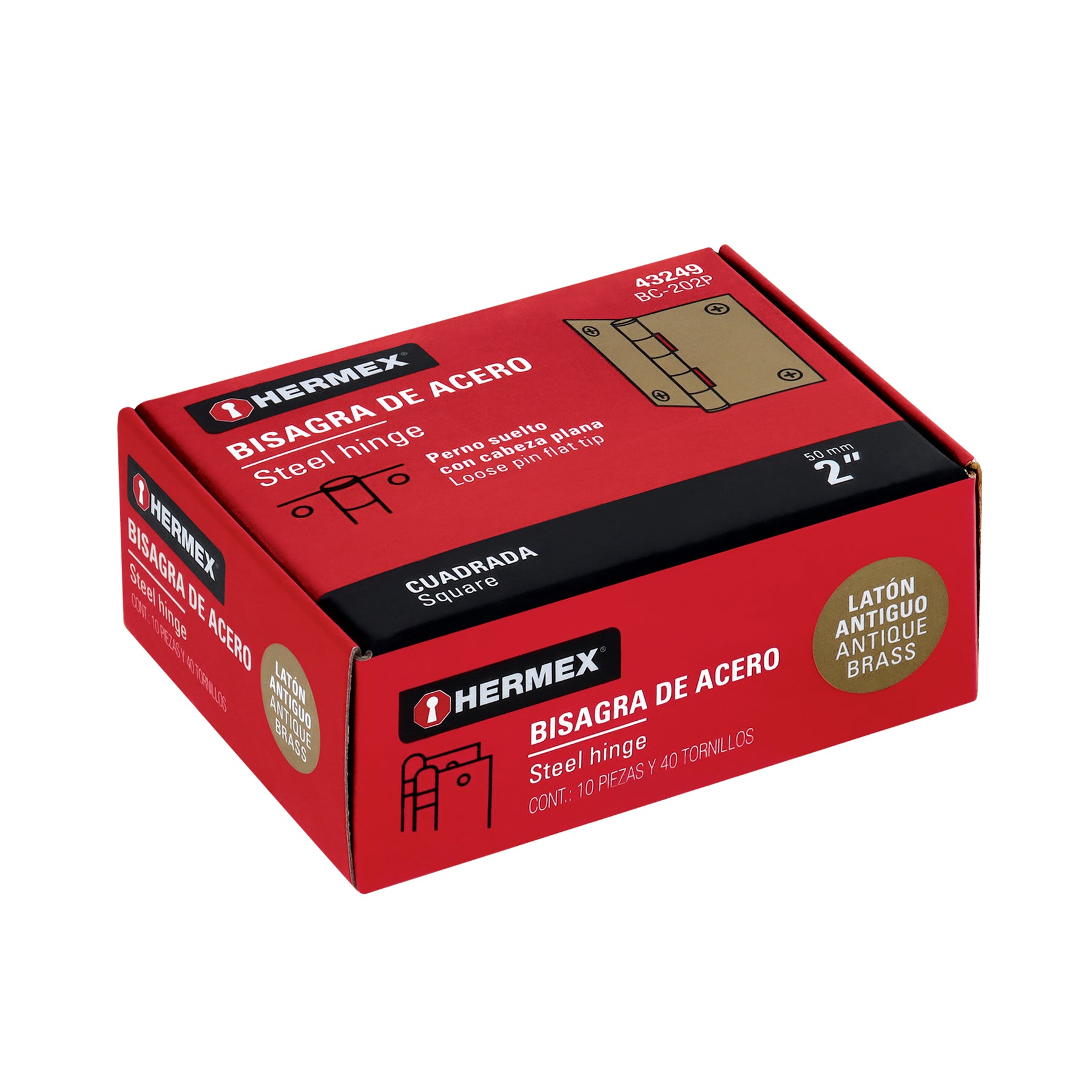 Bisagra cuadrada 2", latón antiguo, cabeza plana, HERMEX
