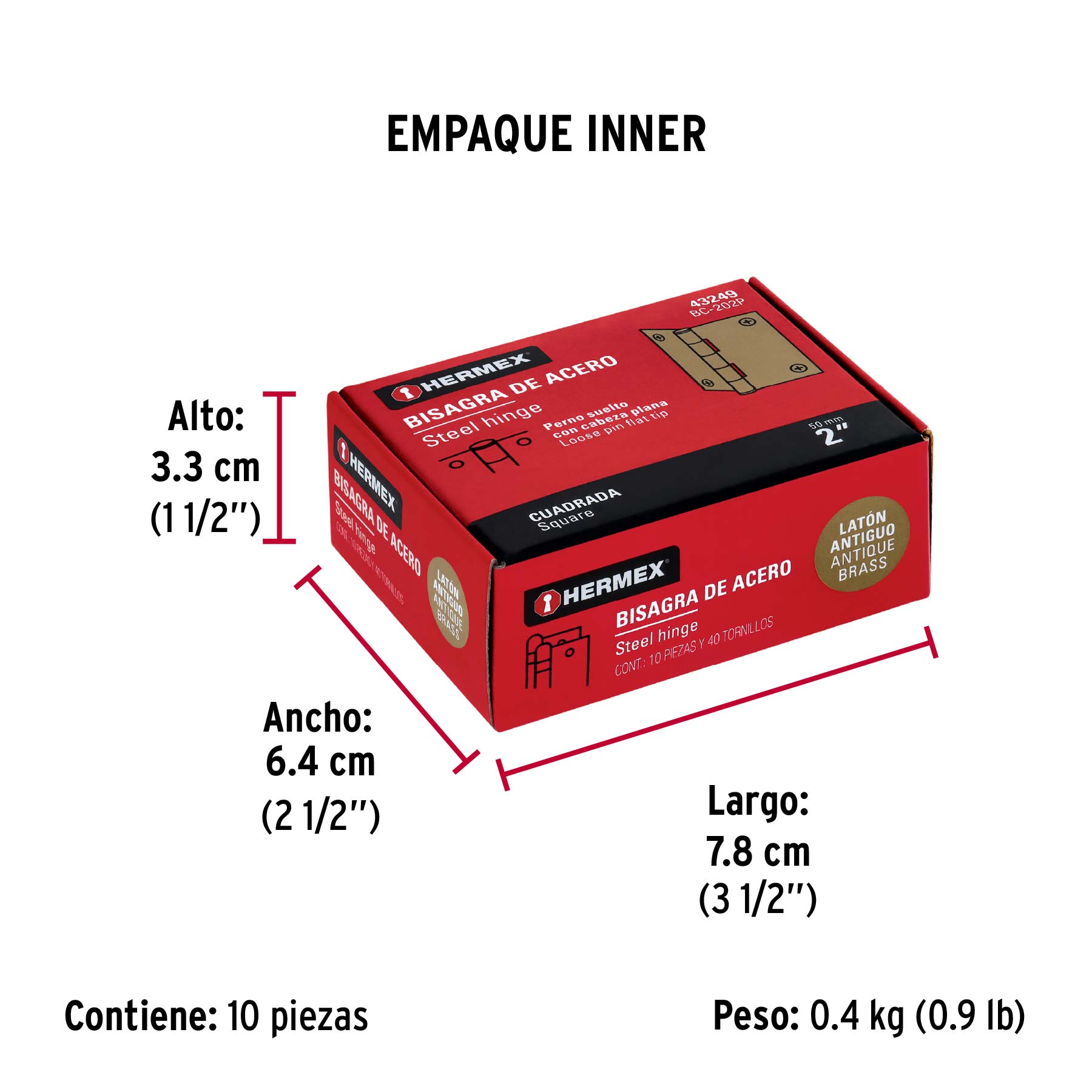 Bisagra cuadrada 2", latón antiguo, cabeza plana, HERMEX - Empaque