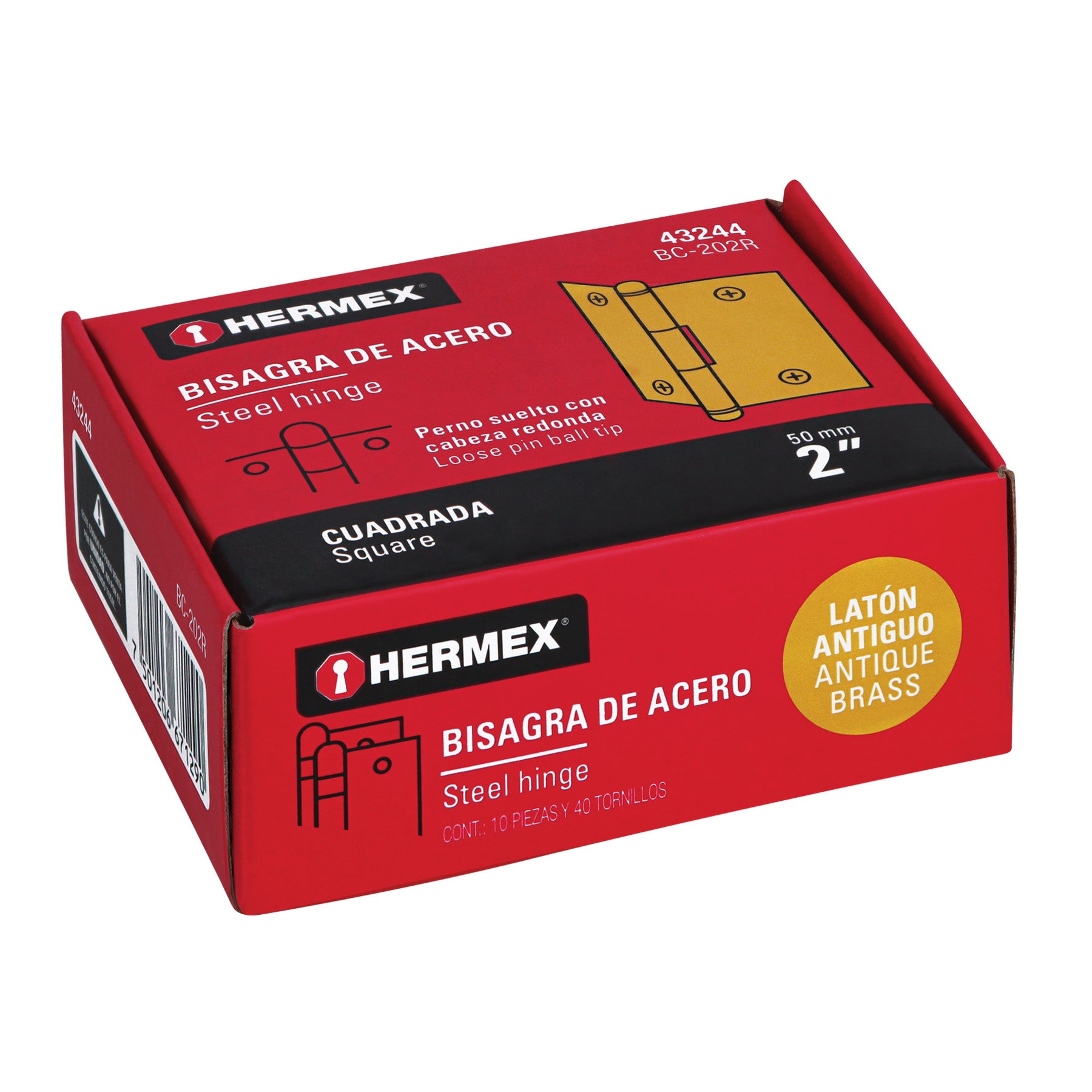 Bisagra cuadrada 2", latón antiguo, cabeza redonda, HERMEX