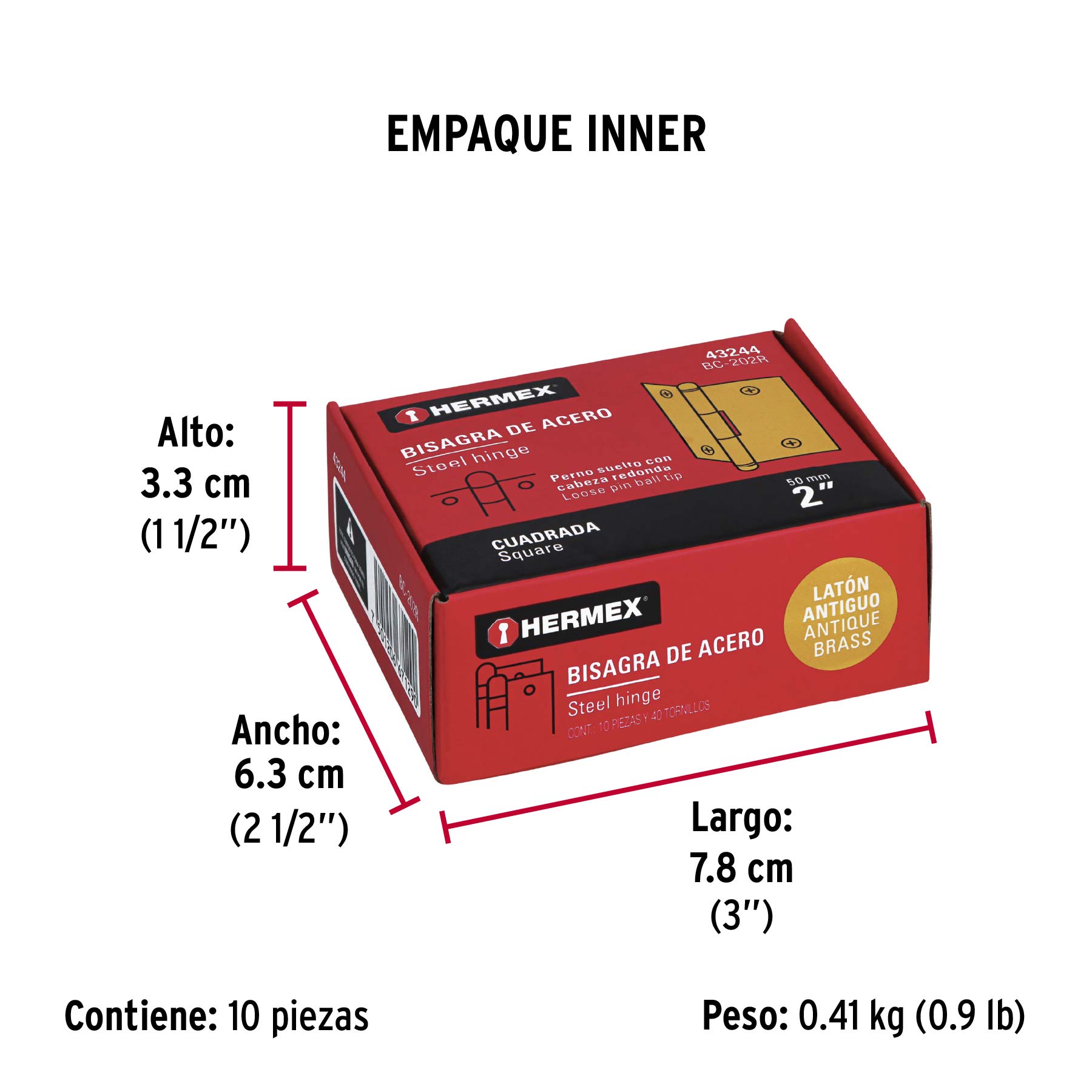 Bisagra cuadrada 2", latón antiguo, cabeza redonda, HERMEX - Empaque