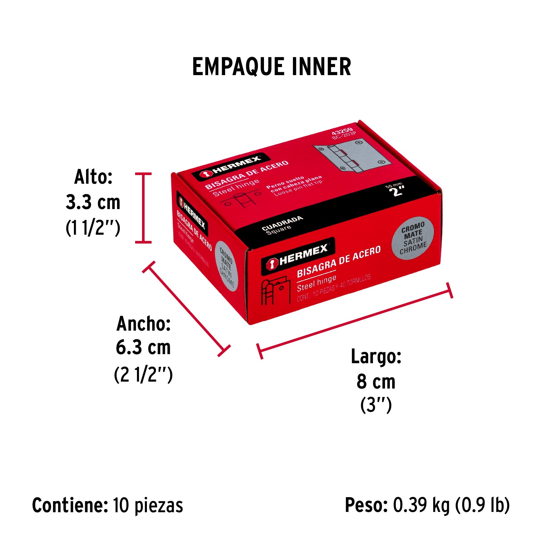 Bisagra cuadrada 2", satinado, cabeza plana, HERMEX - Empaque