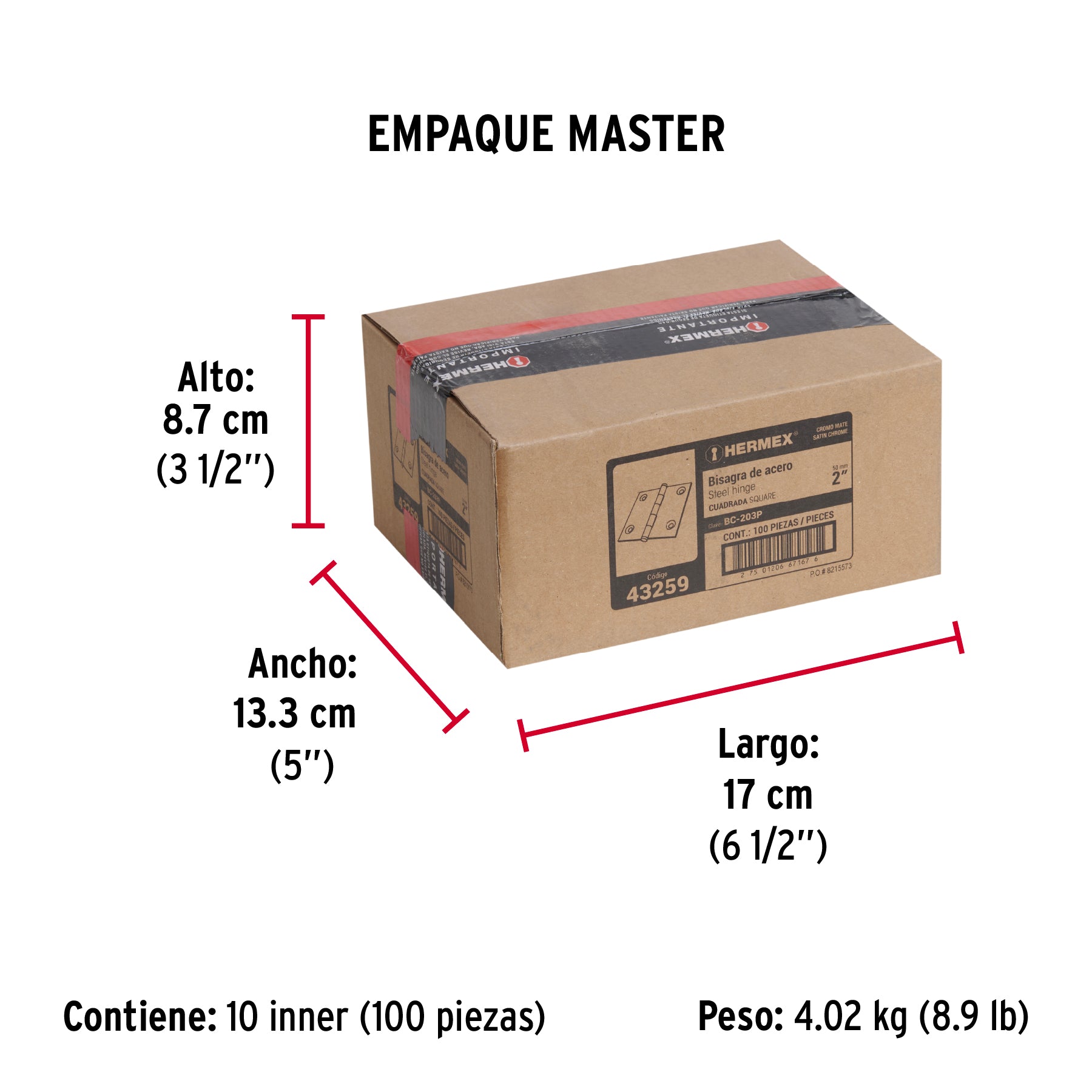 Bisagra cuadrada 2", satinado, cabeza plana, HERMEX - Empaque