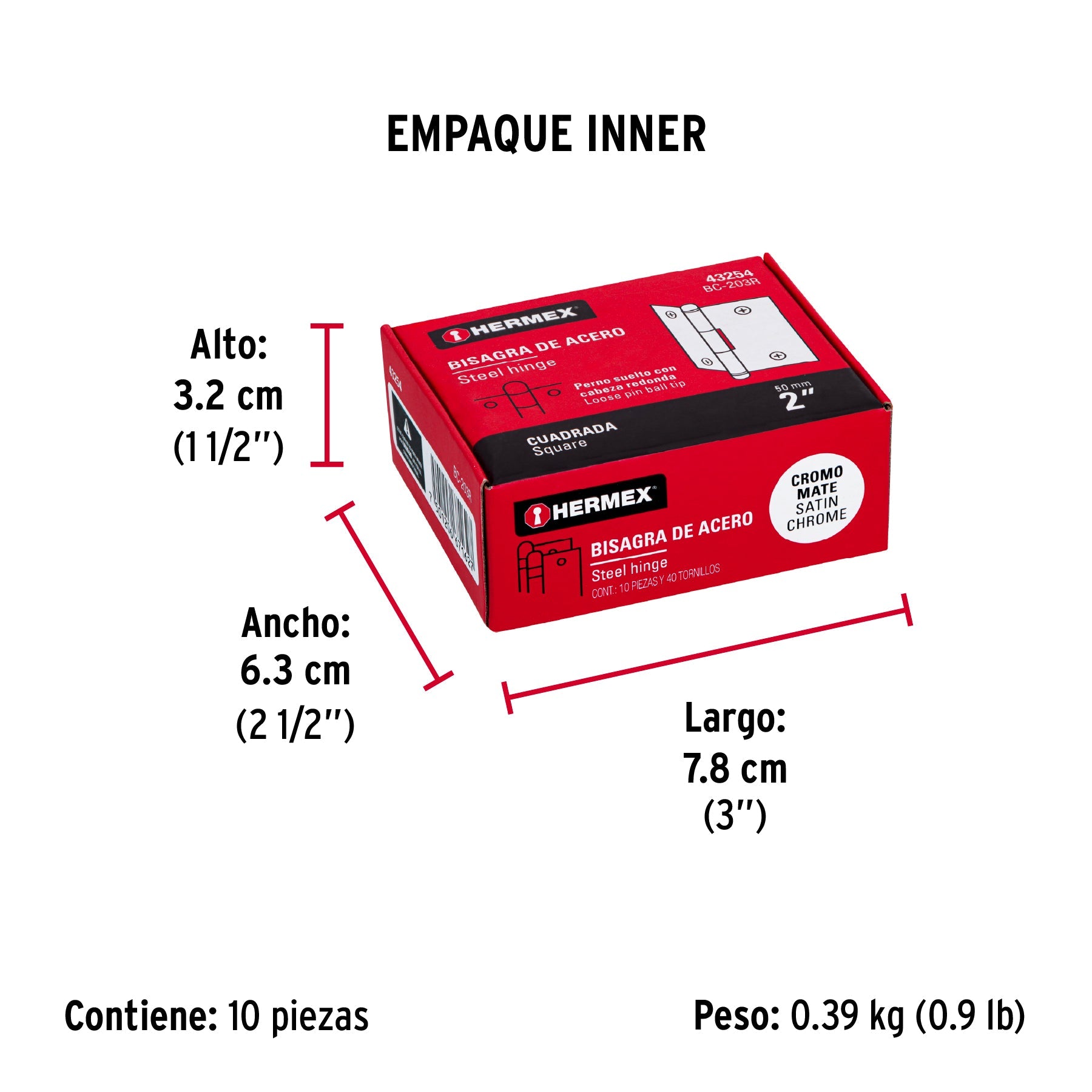 Bisagra cuadrada 2", satinado, cabeza redonda, HERMEX - Empaque