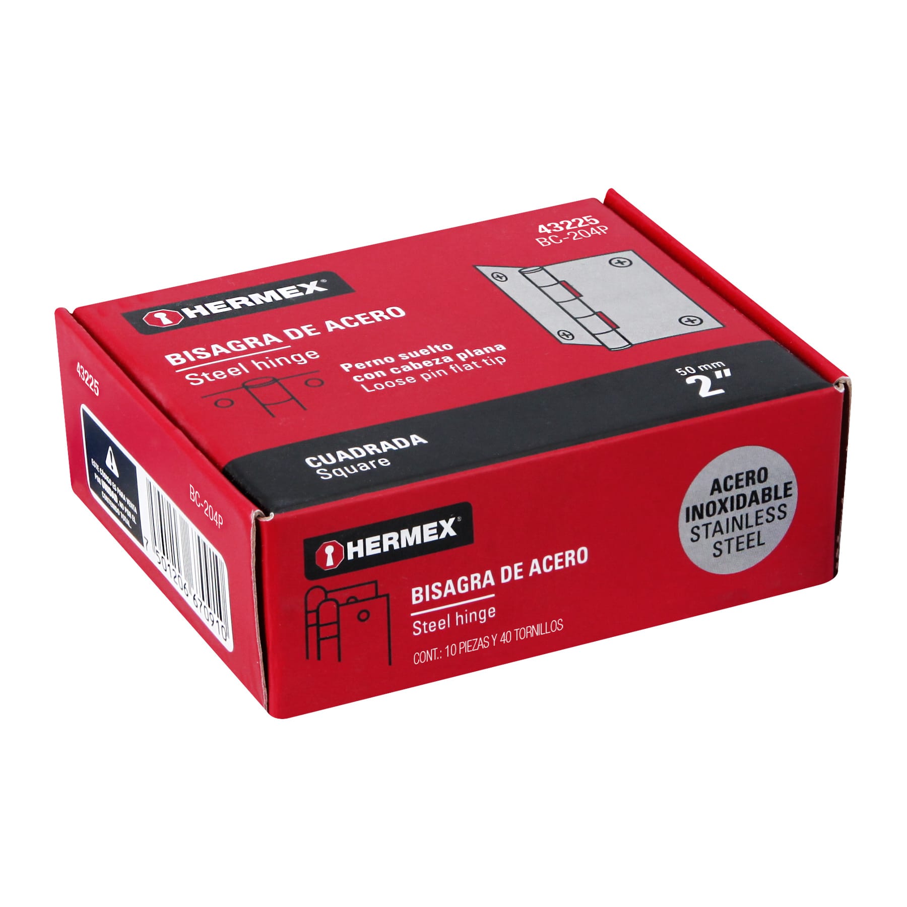 Bisagra cuadrada 2" acero inox, cabeza plana, HERMEX