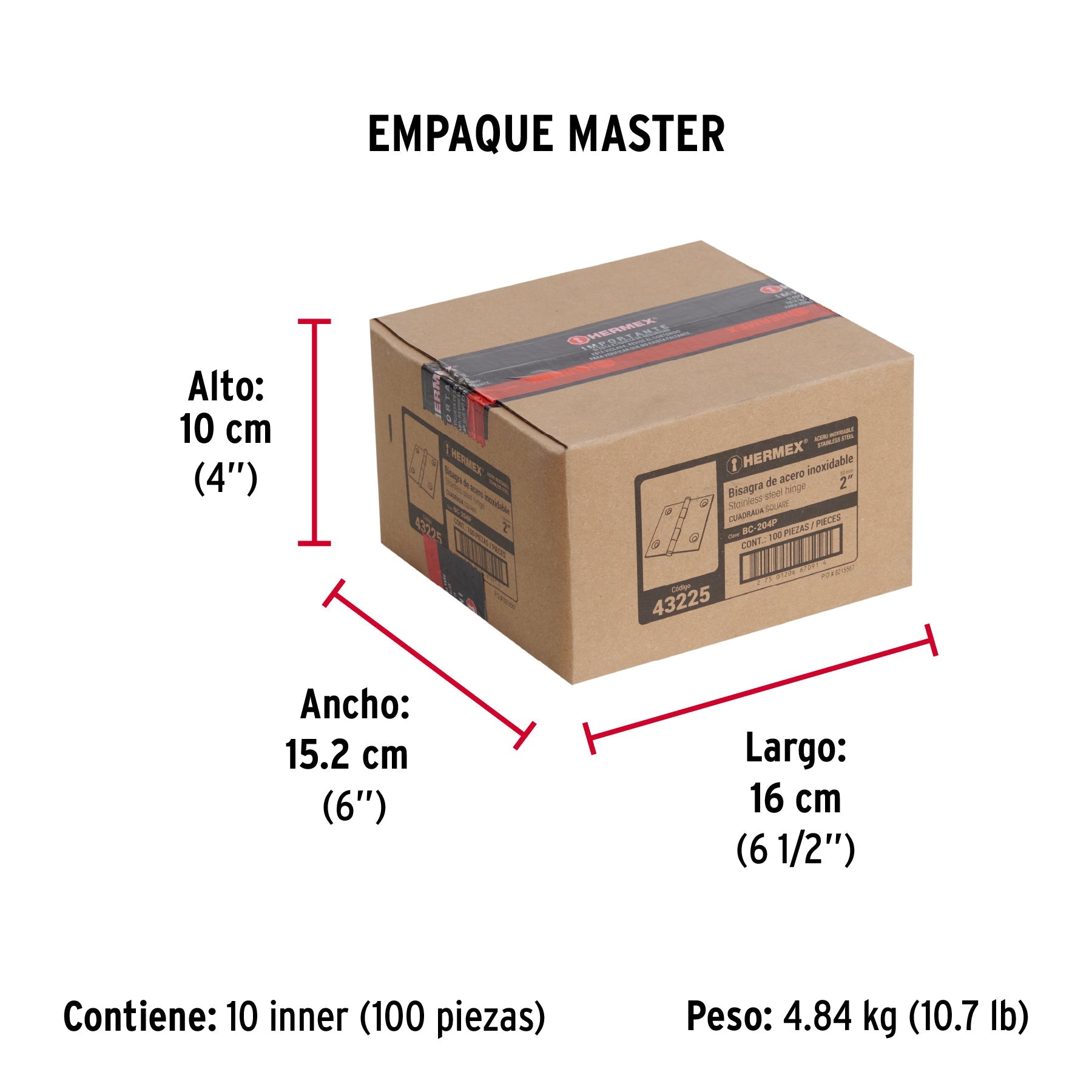 Bisagra cuadrada 2" acero inox, cabeza plana, HERMEX - Empaque