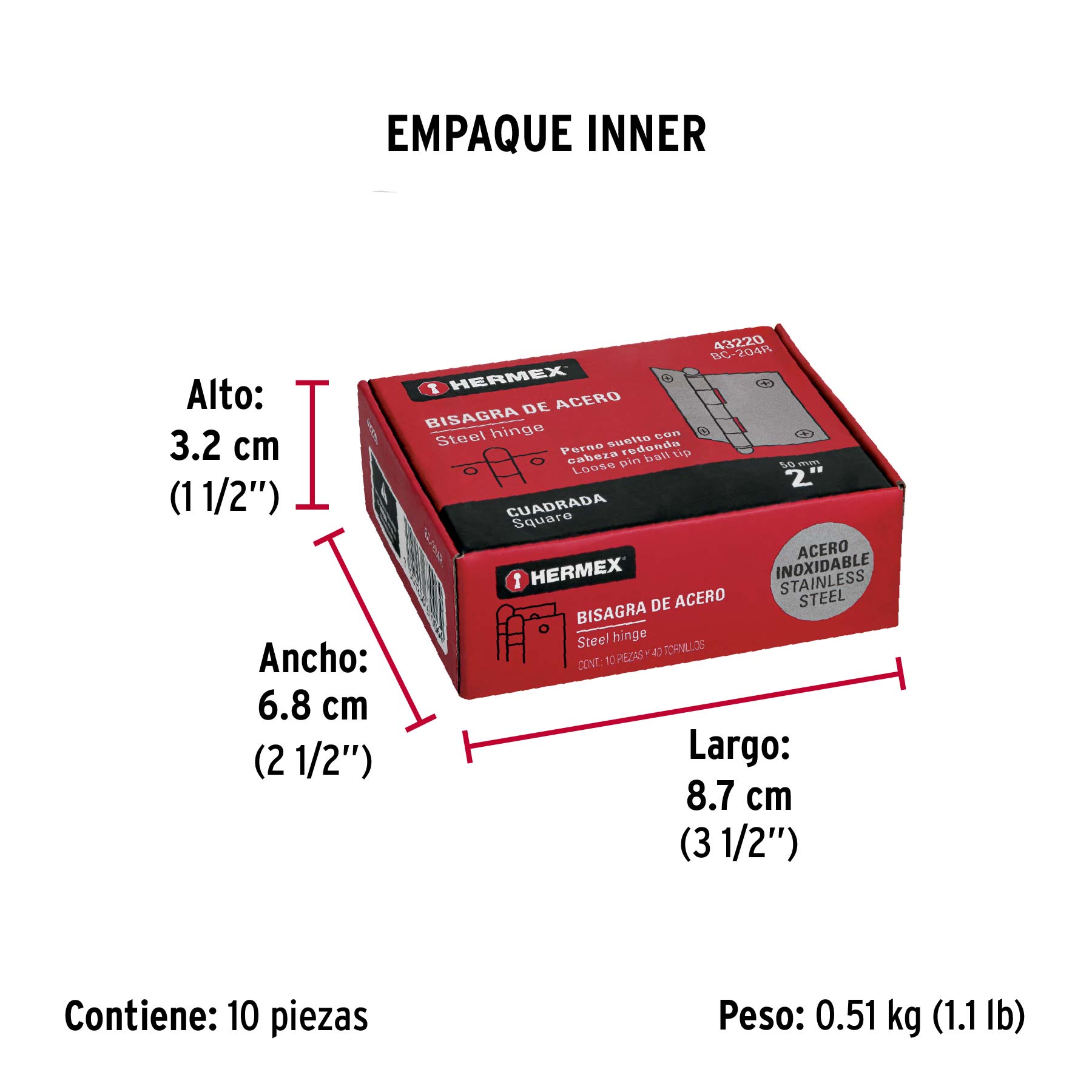 Bisagra cuadrada 2" acero inox, cabeza redonda, HERMEX - Empaque