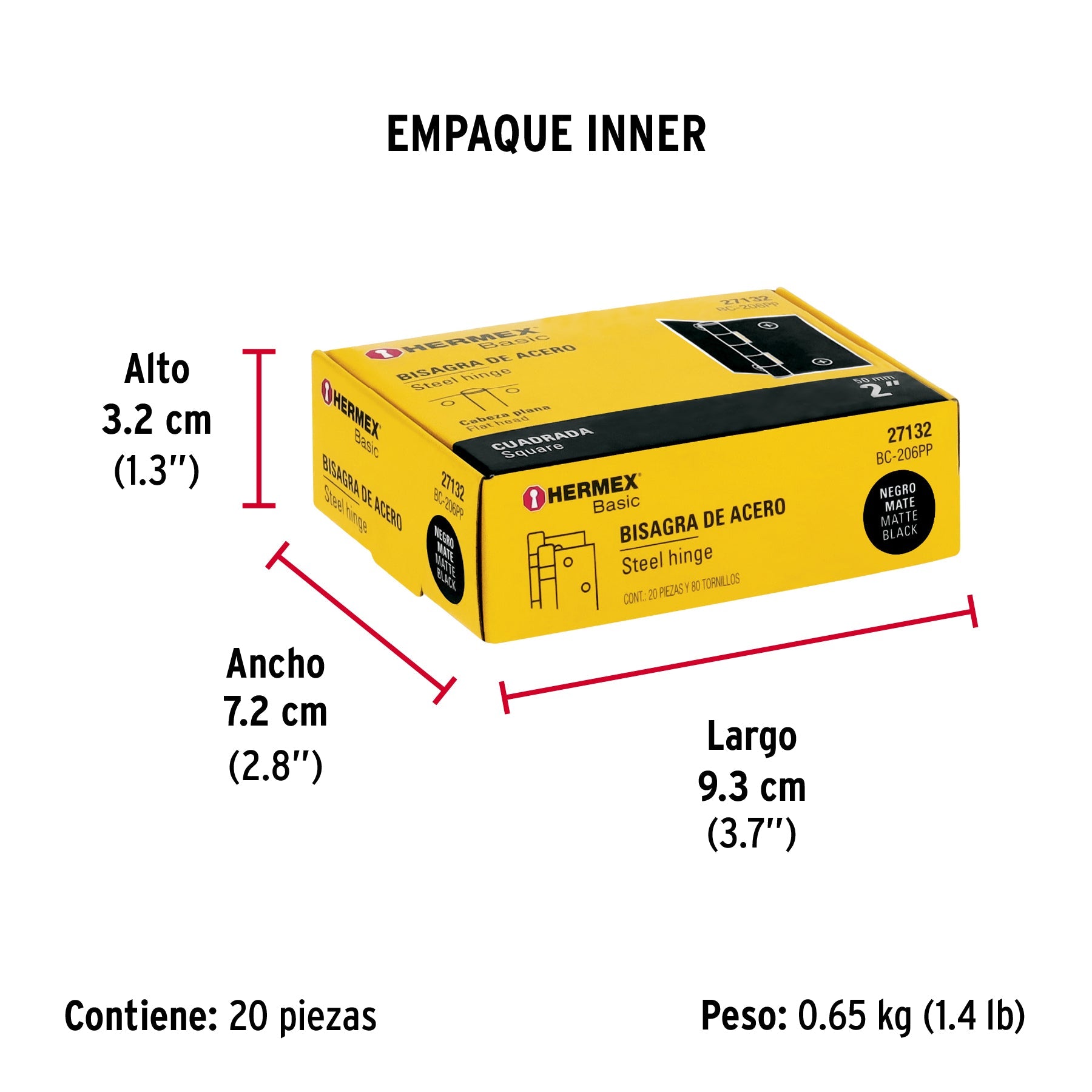 Bisagra cuadrada 2", negro mate, cabeza plana, BASIC - Empaque