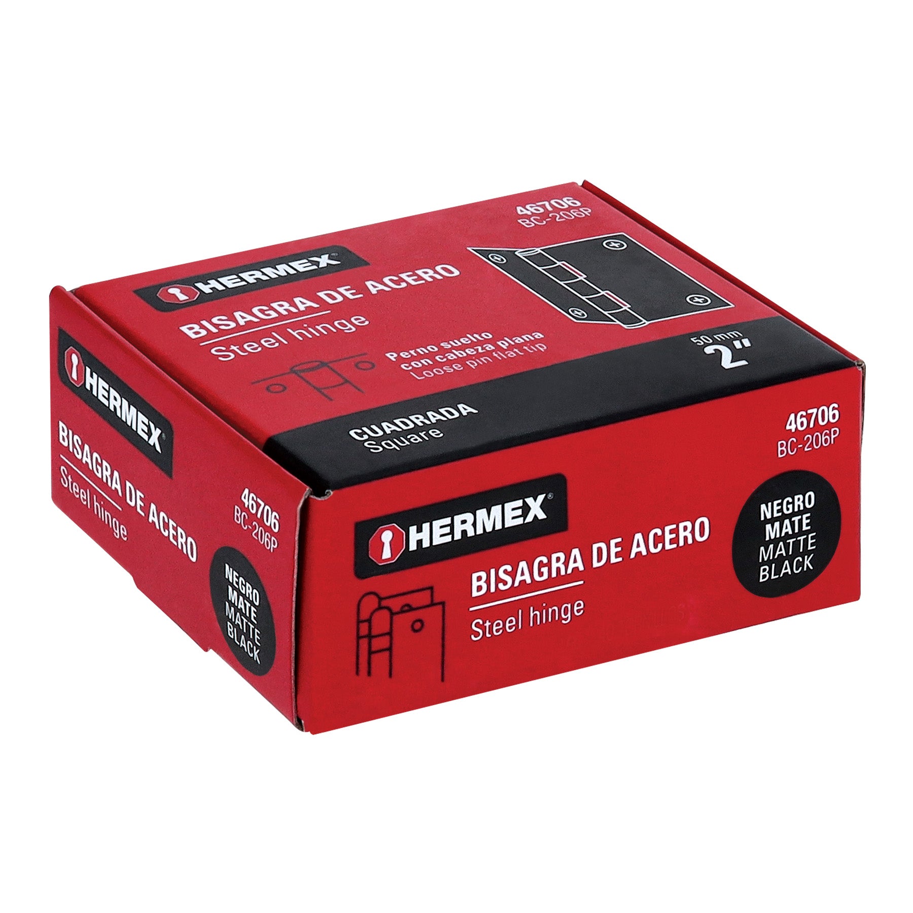 Bisagra cuadrada 2", negro mate, cabeza plana, HERMEX