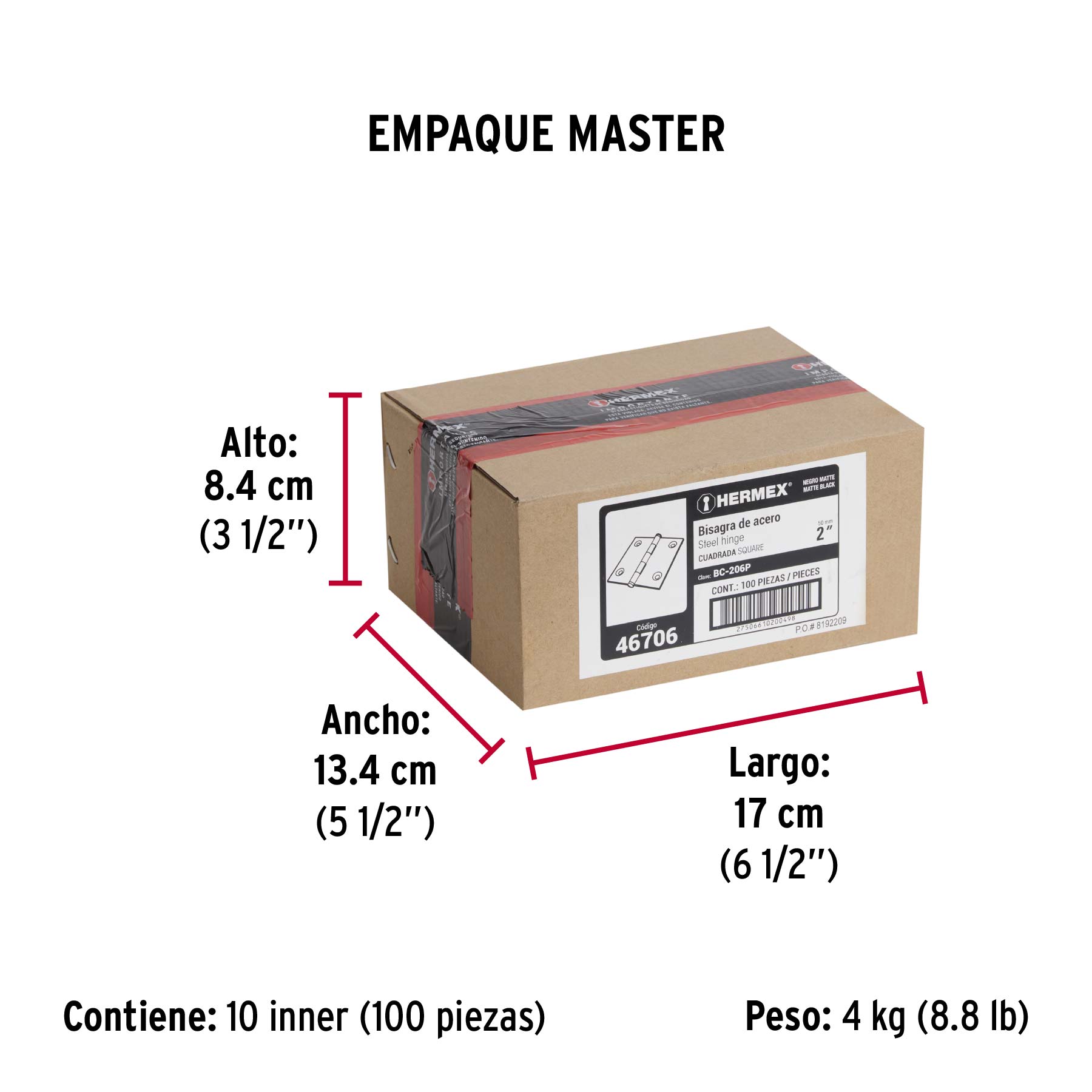 Bisagra cuadrada 2", negro mate, cabeza plana, HERMEX - Empaque