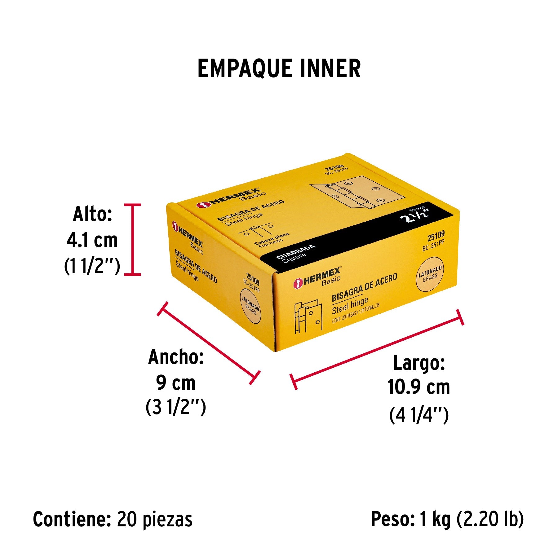 Bisagra cuadrada 2-1/2",latonado, cabeza plana, HERMEX BASIC - Empaque