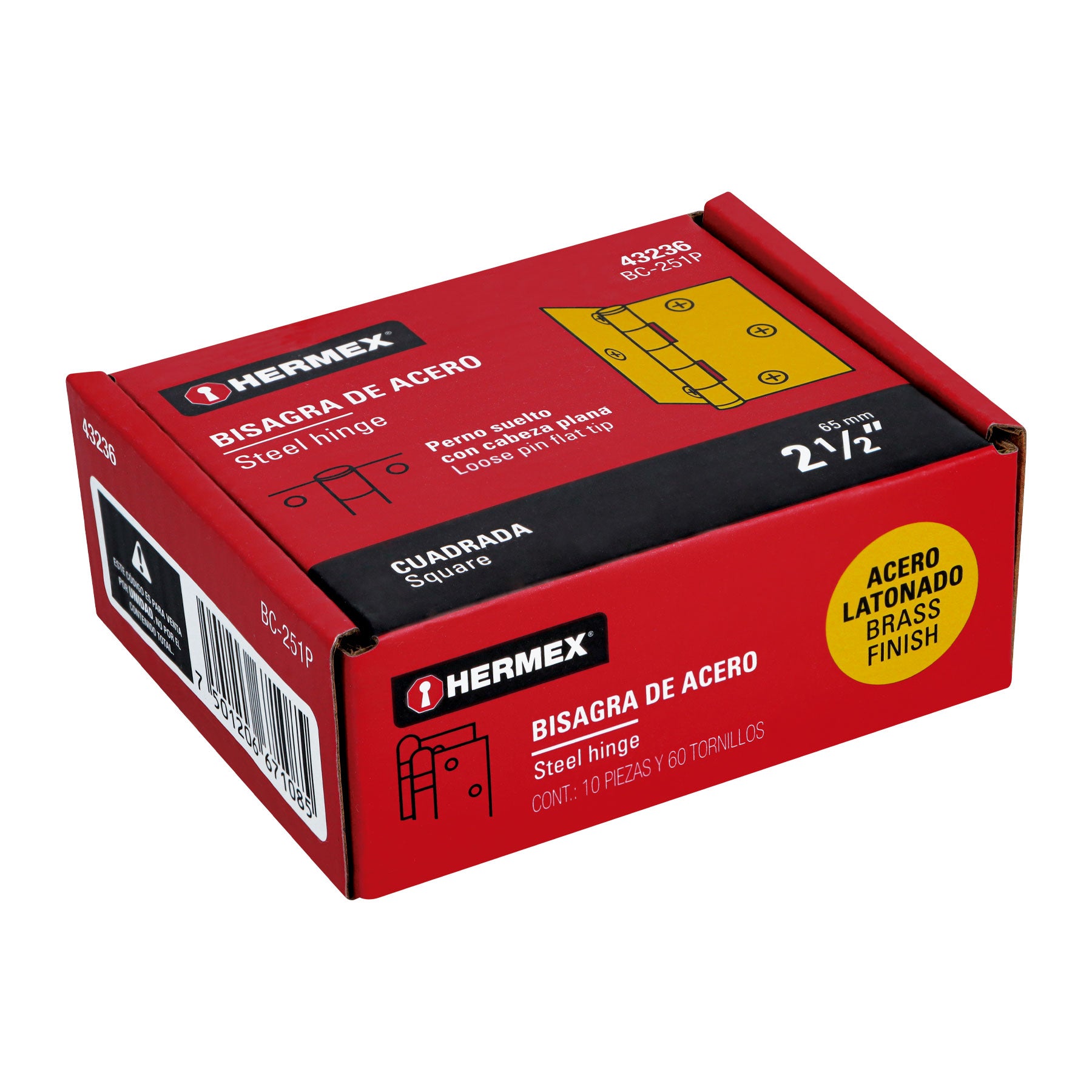 Bisagra cuadrada 2-1/2", latonado, cabeza plana, HERMEX
