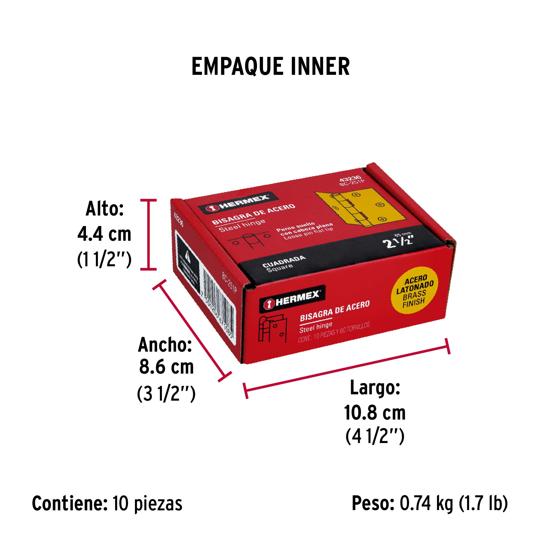 Bisagra cuadrada 2-1/2", latonado, cabeza plana, HERMEX - Empaque