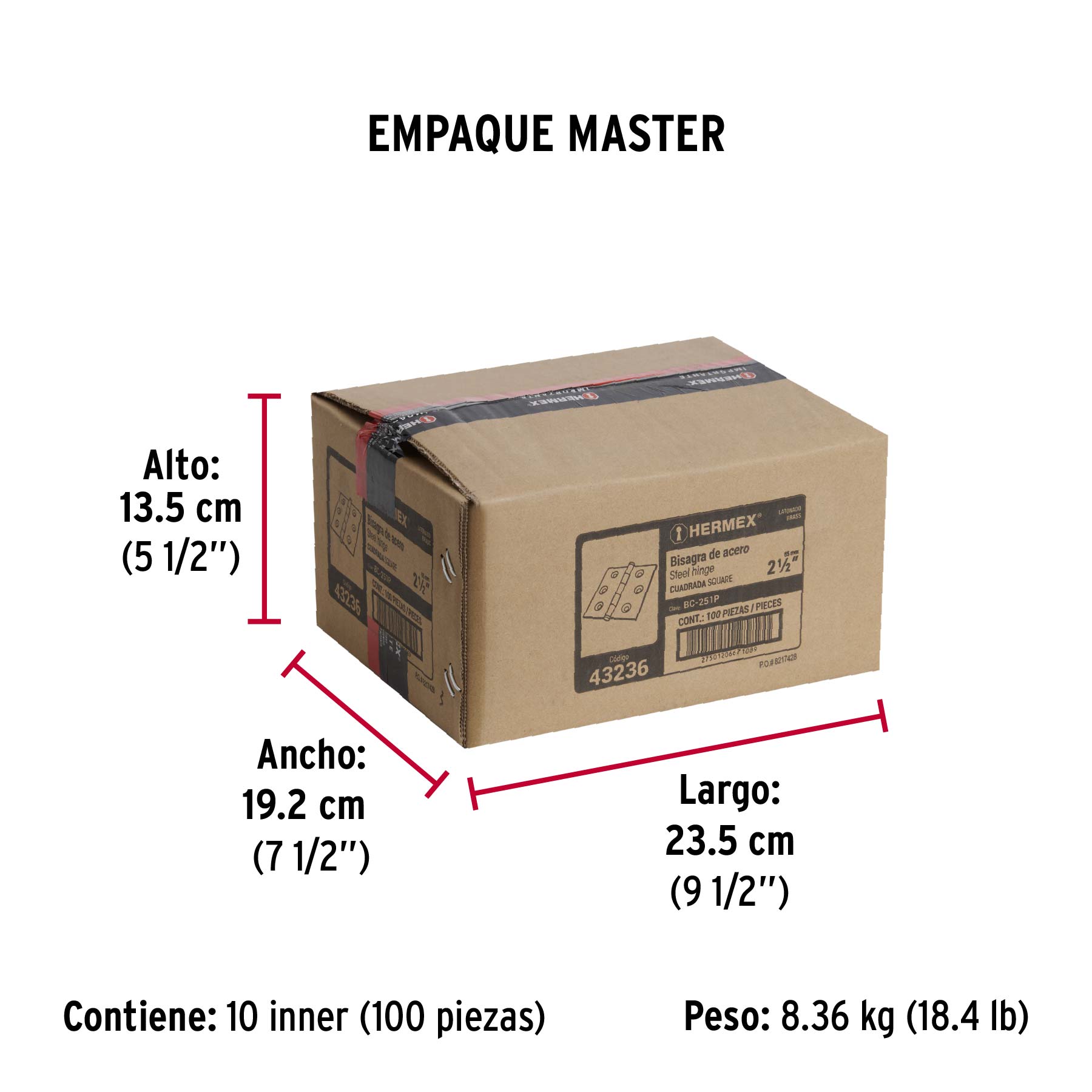 Bisagra cuadrada 2-1/2", latonado, cabeza plana, HERMEX - Empaque