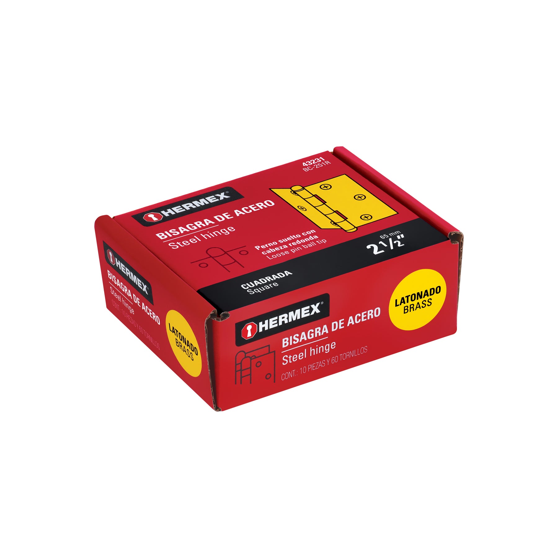 Bisagra cuadrada 2-1/2", latonado, cabeza redonda, HERMEX