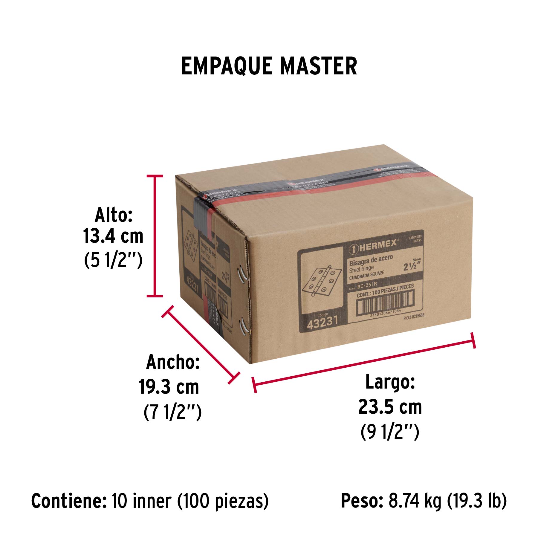 Bisagra cuadrada 2-1/2", latonado, cabeza redonda, HERMEX - Empaque
