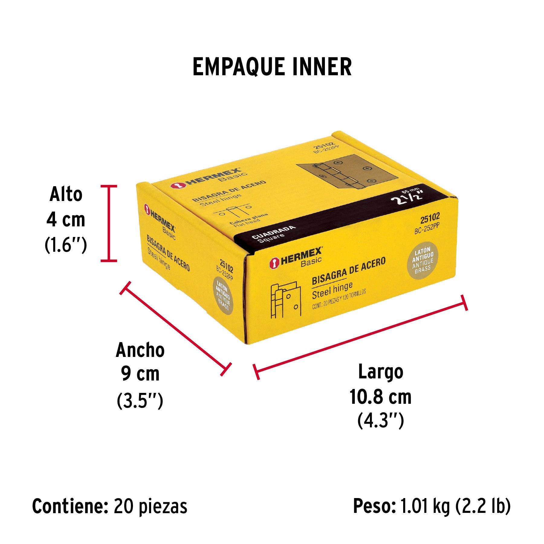 Bisagra cuadrada 2-1/2", latón antiguo, cabeza plana, BASIC - Empaque