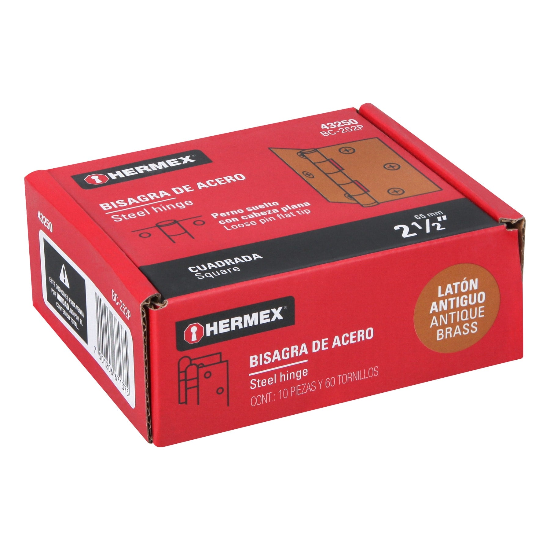 Bisagra cuadrada 2-1/2", latón antiguo, cabeza plana, HERMEX