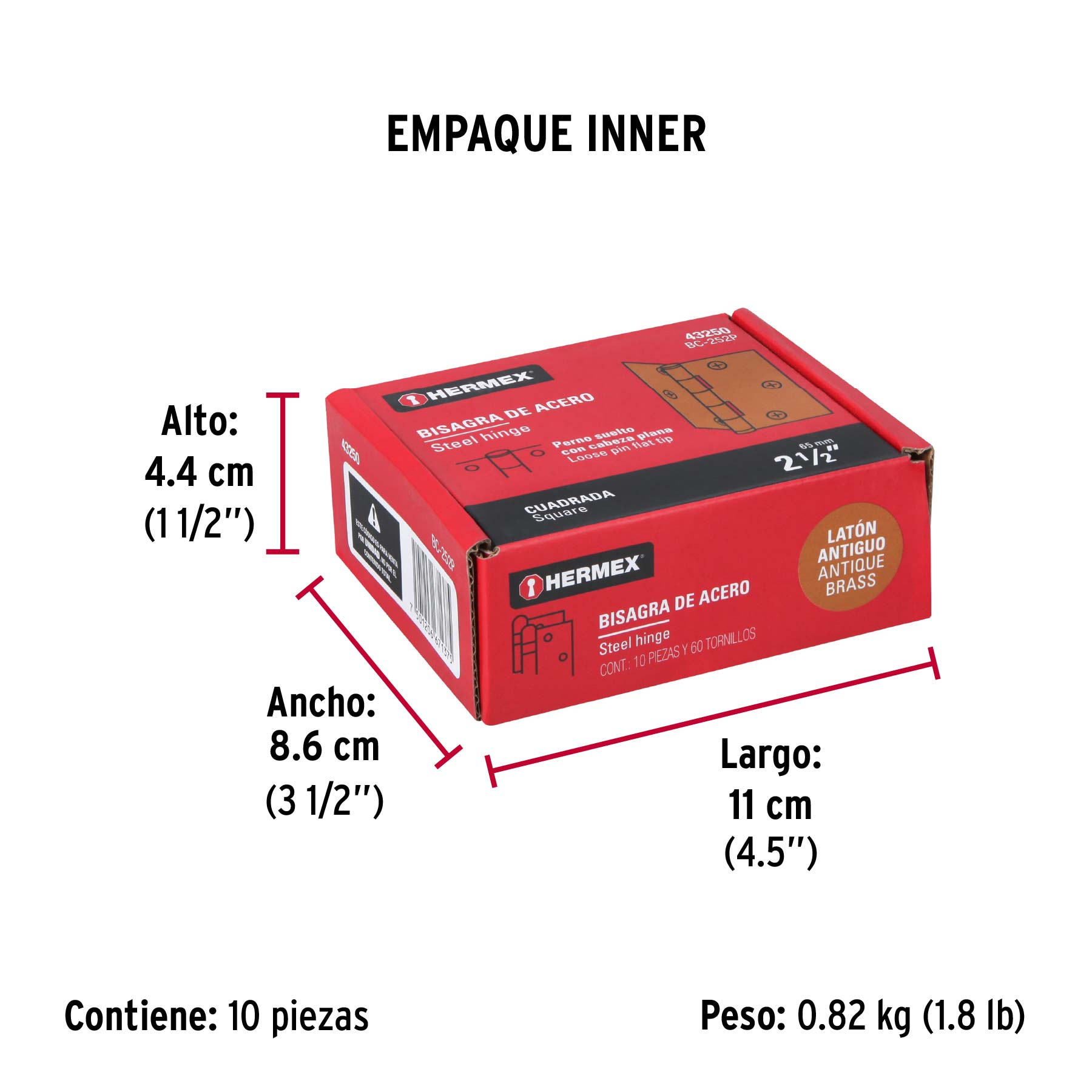 Bisagra cuadrada 2-1/2", latón antiguo, cabeza plana, HERMEX - Empaque
