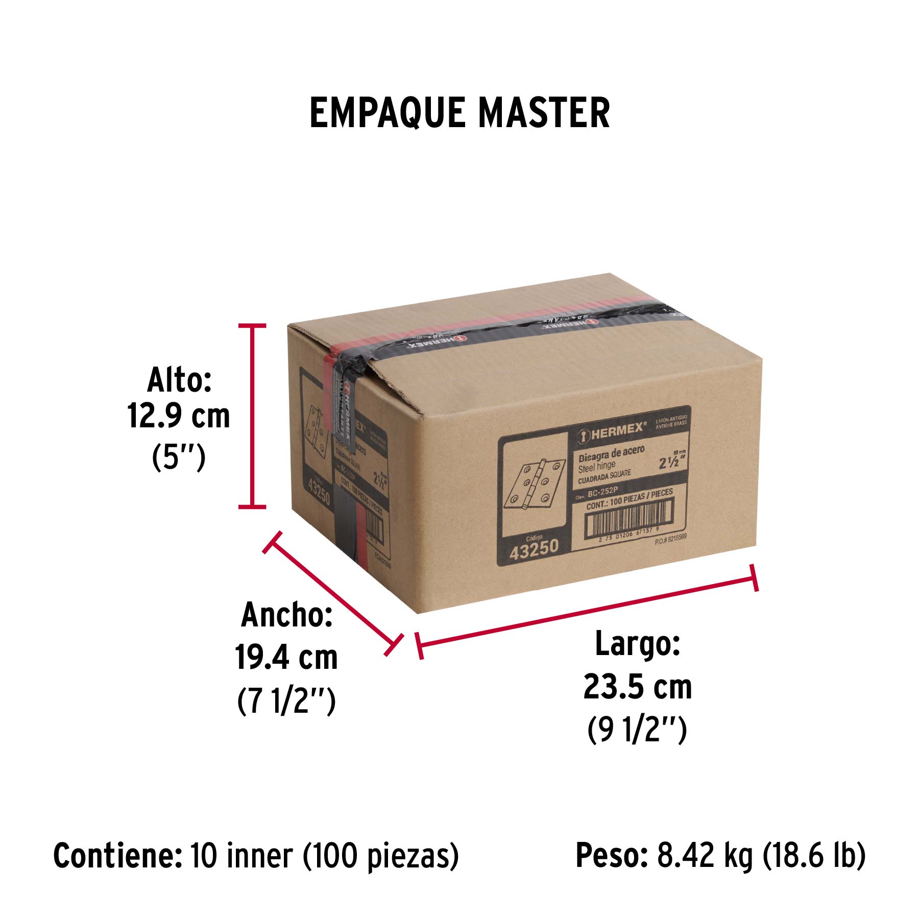 Bisagra cuadrada 2-1/2", latón antiguo, cabeza plana, HERMEX - Empaque