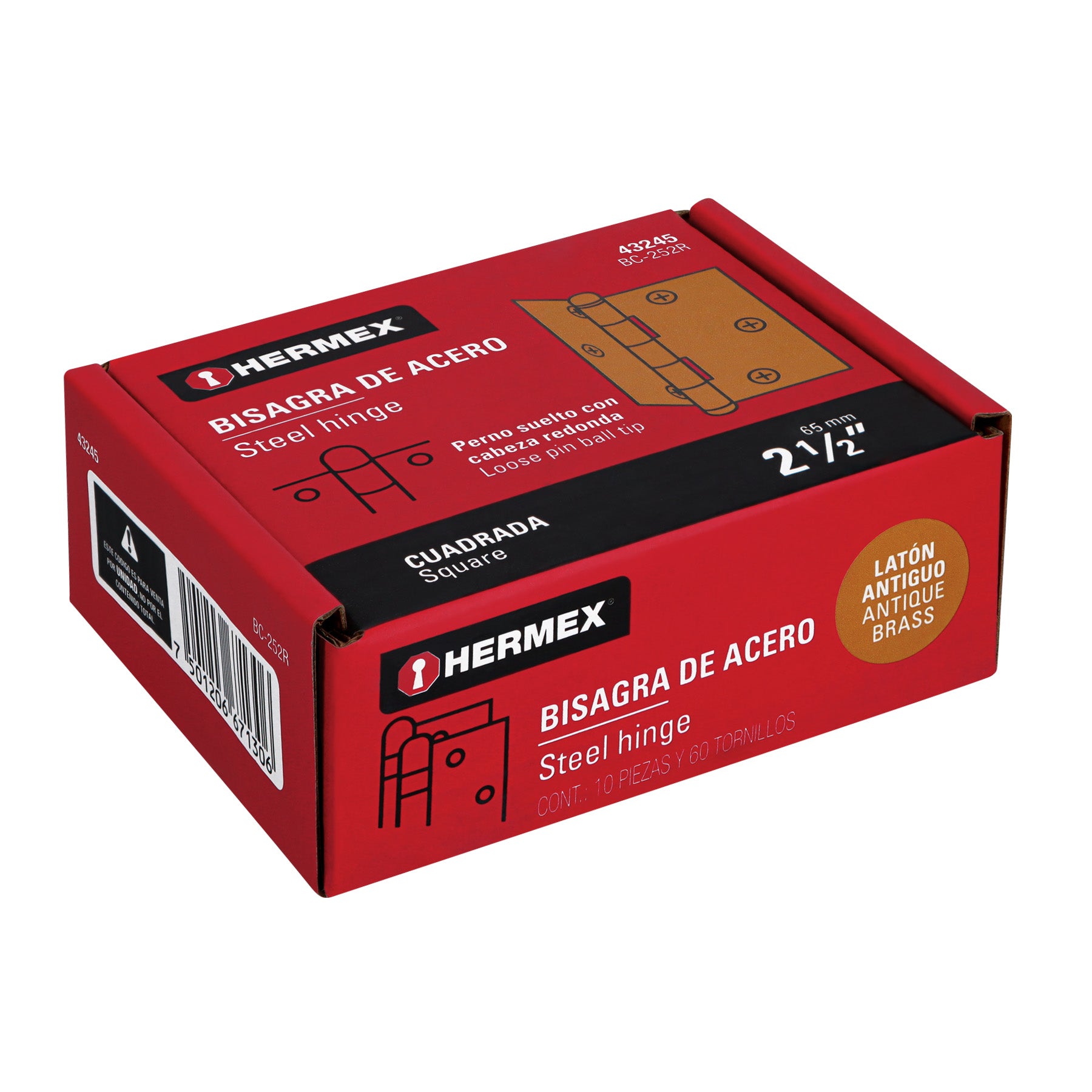 Bisagra cuadrada 2-1/2", latón antiguo, cabeza redonda