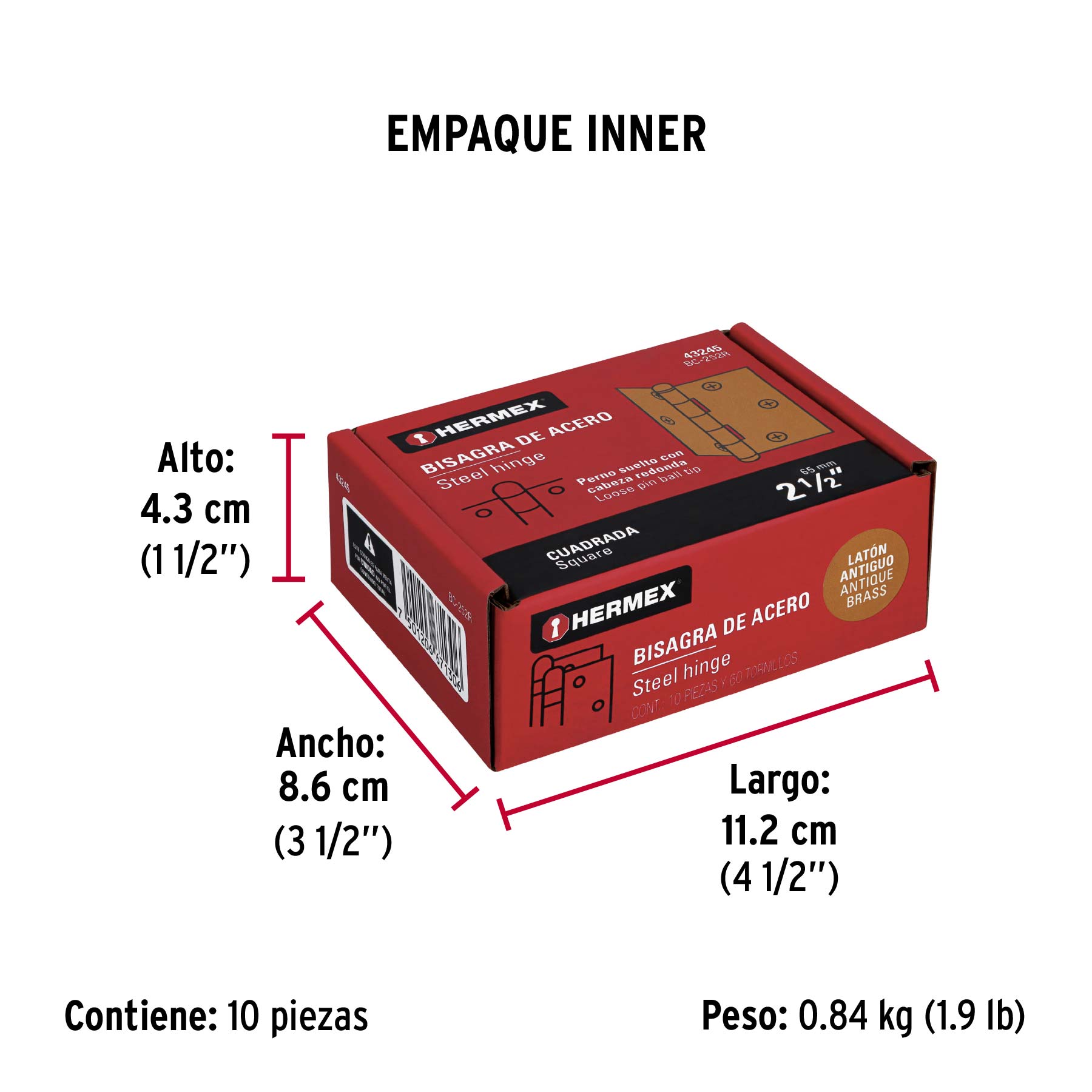 Bisagra cuadrada 2-1/2", latón antiguo, cabeza redonda - Empaque
